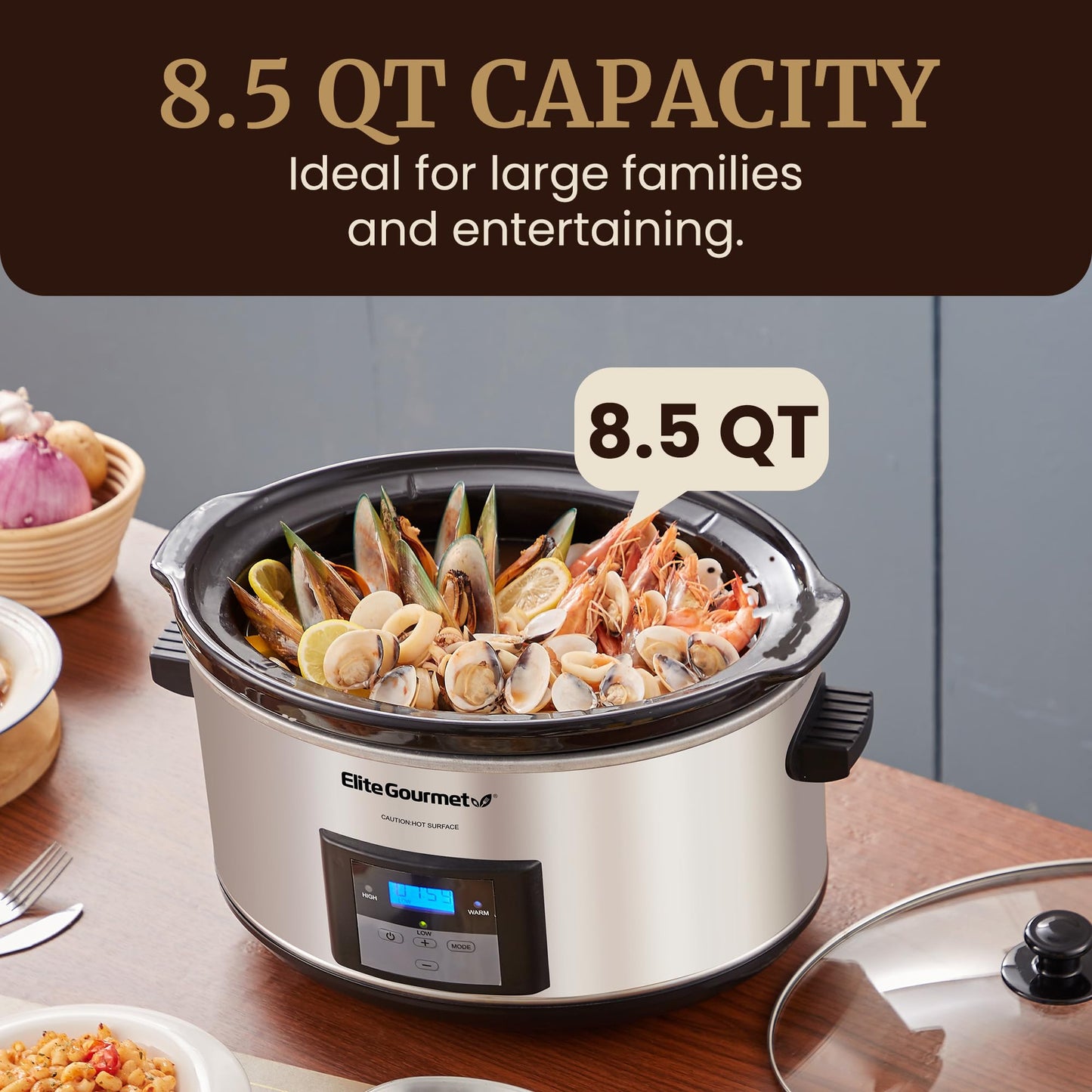 Elite Platinum Quart - Olla de cocción lenta de acero inoxidable, digital, Acero inoxidable, 8.5 quart, 1