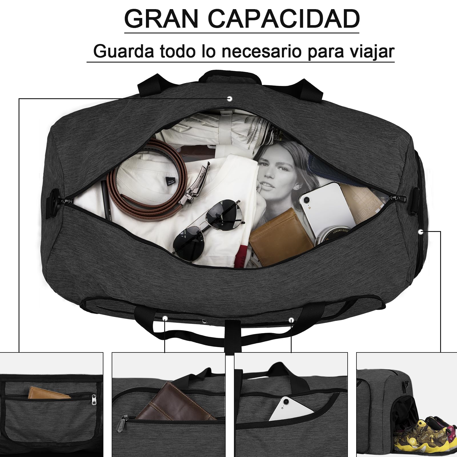 Bolsa de Viaje NEWHEY Negro Plegable Impermeable con Compartimento para Zapatos para Hombre y Mujer