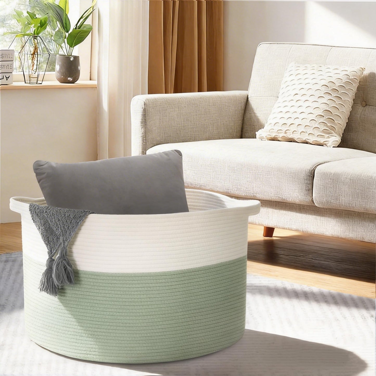 MEGASKET Cesta extragrande para cobijas, 56 x 56 x 36 cm, contenedor de almacenamiento de juguetes para niños y mascotas, organizador de juguetes para bebés y niños pequeños, cesta tejida de cuerda de