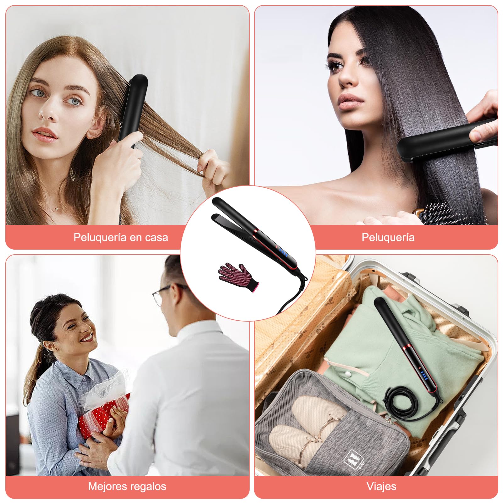 Plancha de Cabello Cerâmica| 2 En 1 Plancha de Pelo de Profesional | Rizador y Alisador con Pantalla LED | 4 Temperatura Ajustable | con 1 Guante | Alisador de Pelo para Casa y Salón | Hair Straightener | Herramientas de Cabello para Mujeres | Negro