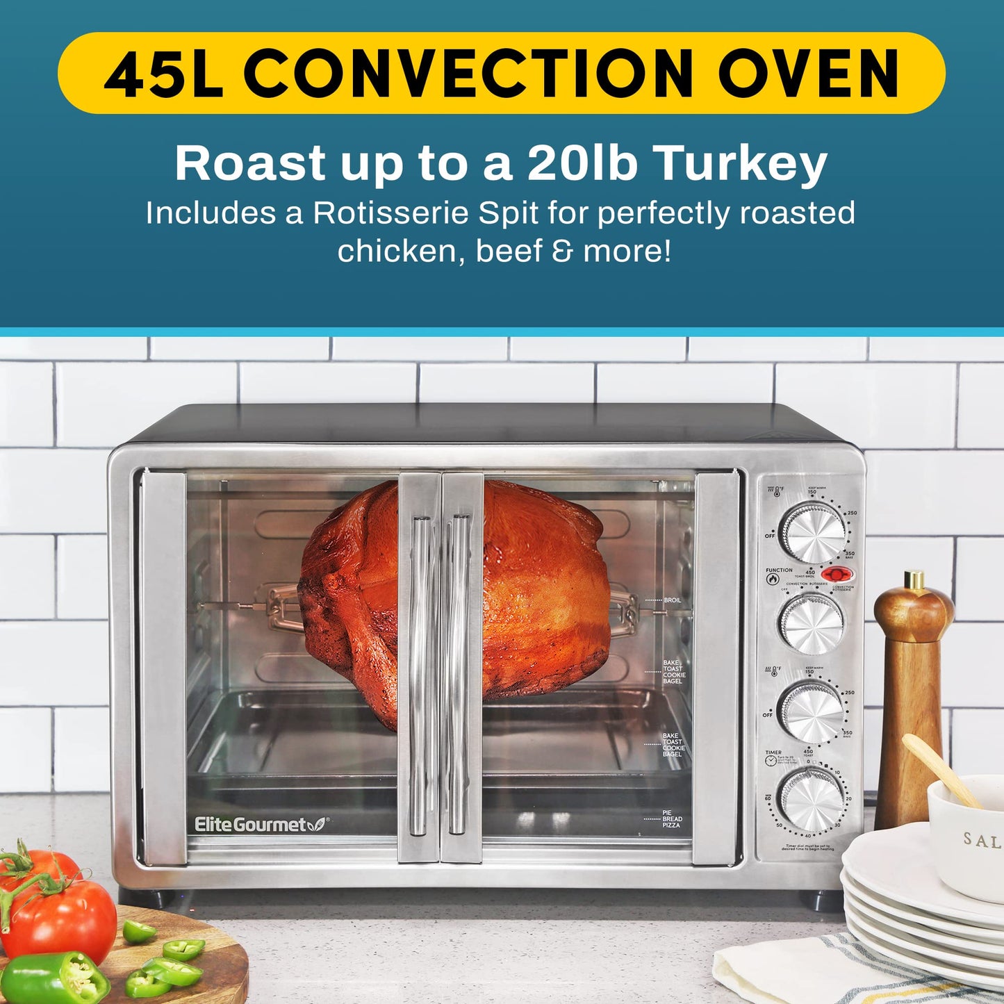 Elite Gourmet ETO4510B - Horno tostador de convección de doble puerta francesa, 4 perillas de control, para hornear asador de tostadas para mantener el calor de 14 pulgadas, incluye 2 estantes …