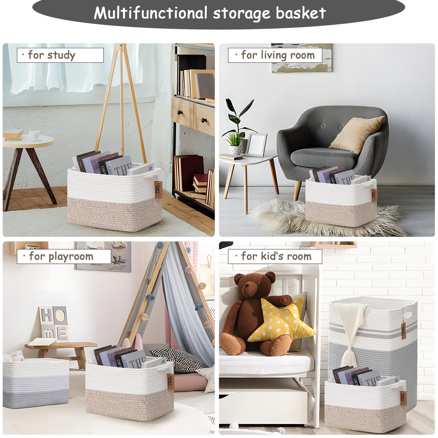 COMFY-HOMI Cesta tejida de cuerda de algodón con asas para estantes, juguetes, libros, cestas de almacenamiento de tela para organizar, 1 organizador decorativo de juguete para sala de estar, baño