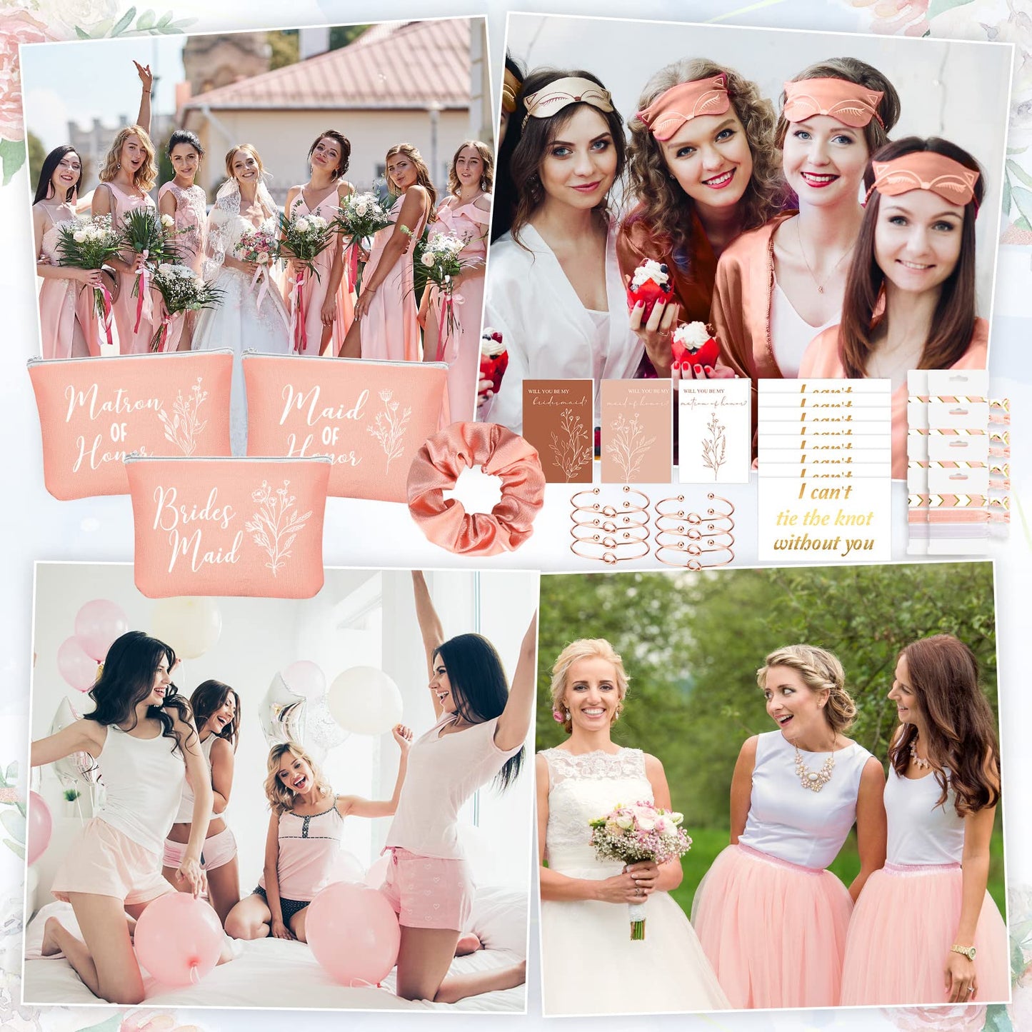 Cunno 48 Regalos de Dama de Honor Matron Maid Of Honor Bridesmaid para Propuesta Boda Bolsa de Maquillaje de Despedida de Soltera Coletero de Cabello Pulsera Anudada Tarjeta Invitación (Rosa Rosado)
