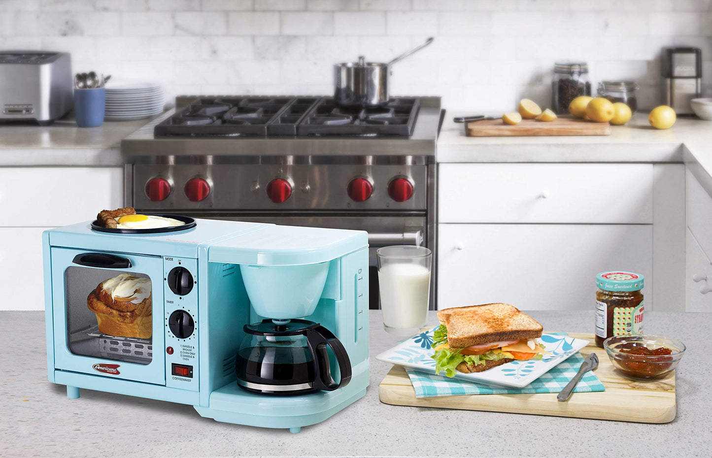 MaxiMatic EBK-200BL Elite Cuisine Cafetera/Tostador/Parrilla Multifunción para El Desayuno, 3 en 1, Azul
