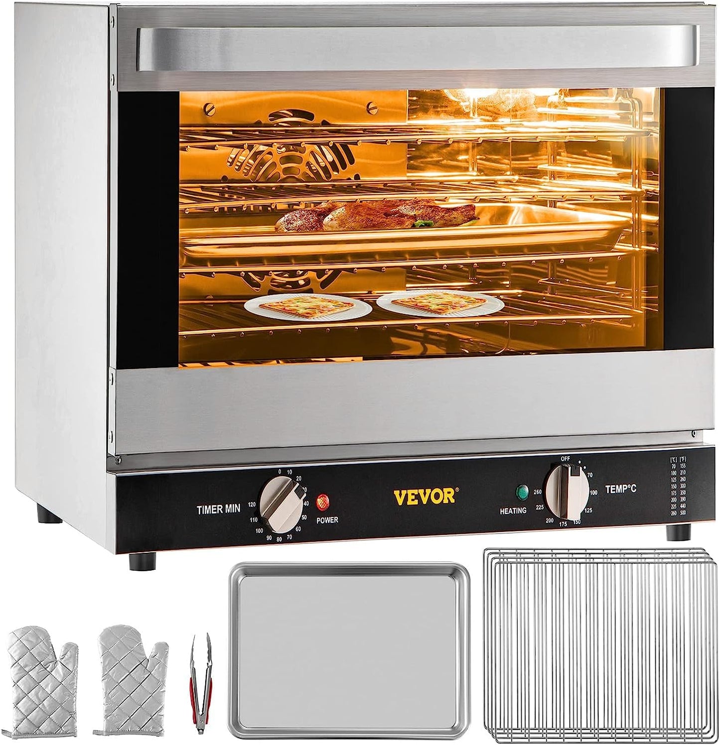VEVOR - Horno de convección comercial, 66 L/60 cuartos de galón, encimera de horno convencional de tamaño medio, tostador de 4 niveles de 1800 W con puerta frontal de vidrio, con bandejas de alambre,