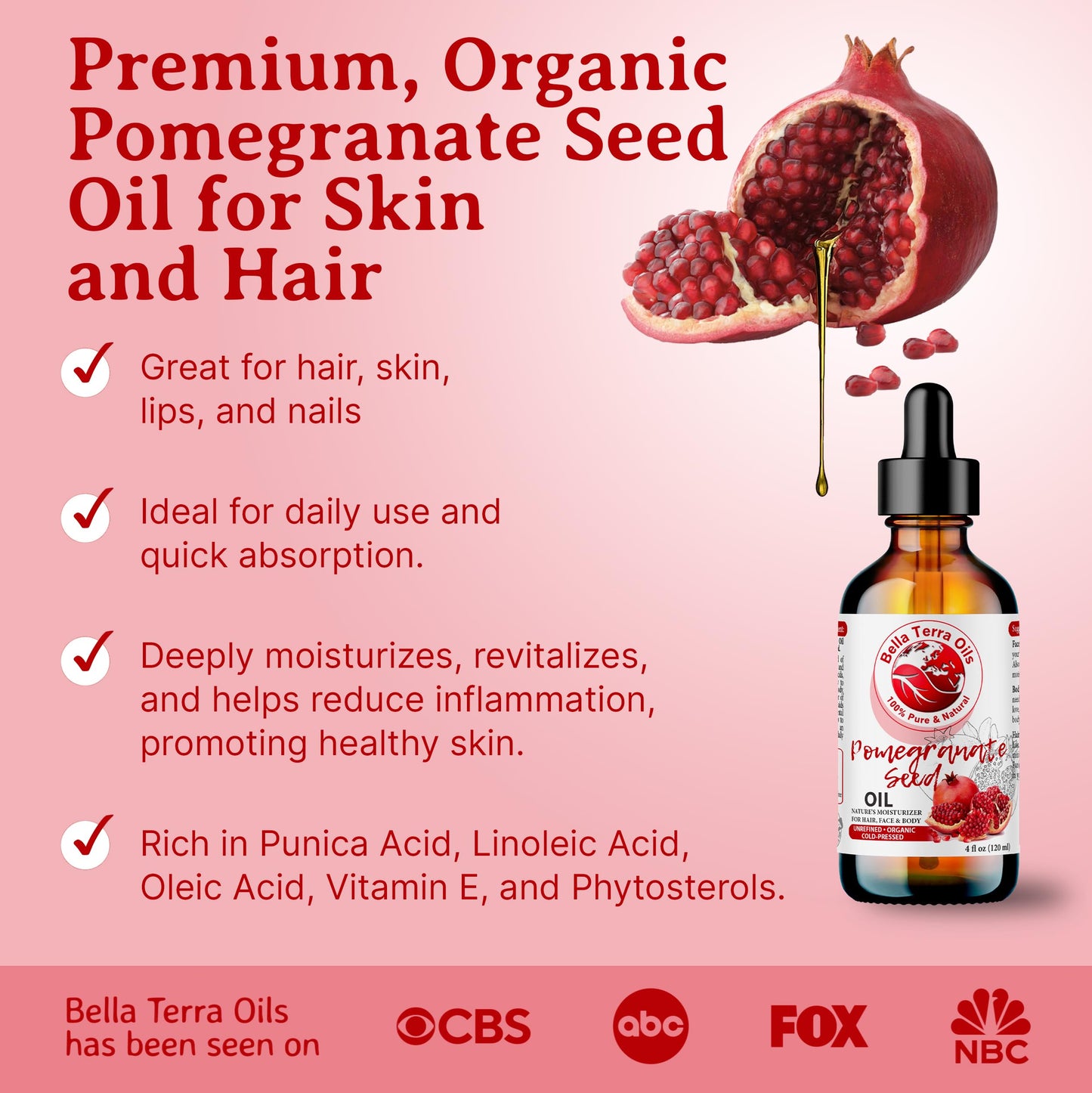 NEW Pomegranate Seed Oil. 16oz. Cold-pressed. Unrefined. Organic. 100% Pure. Rich in Antioxidants. Hexane-free. Rejuvenates Skin. Softens Hair. Natural Moisturizer. For Hair, Skin, Stretch Marks.