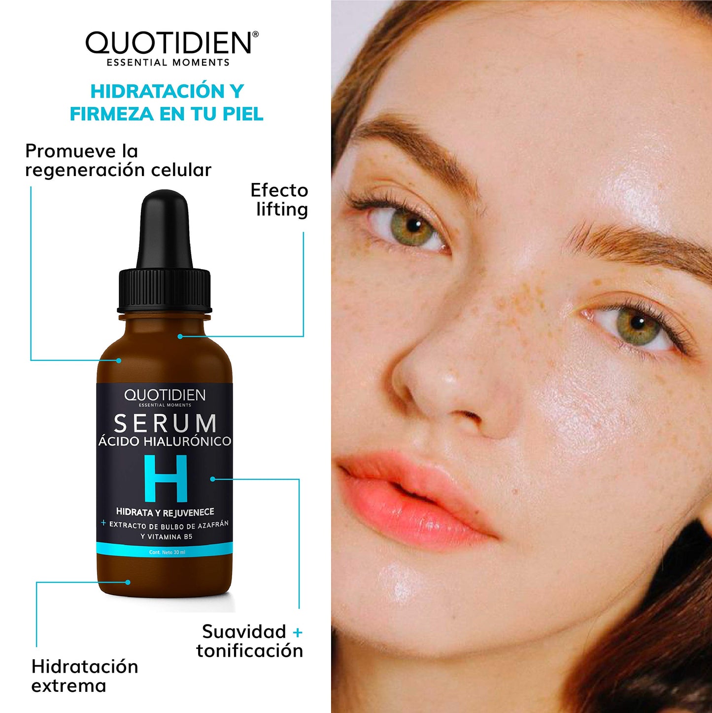 Kit 4 Pasos Quotidien: 1 Limpiador Facial 235 ml + 1 Tónico Facial 350 ml + 1 Serum Vitamina C 30ml + 1 Serum Ácido Hialurónico 30ml | Skincare Kit con Ingredientes Naturales - Limpia Profundamente, Equilibra el Ph, Cierra Poros, Aclara, Mejora la Textura