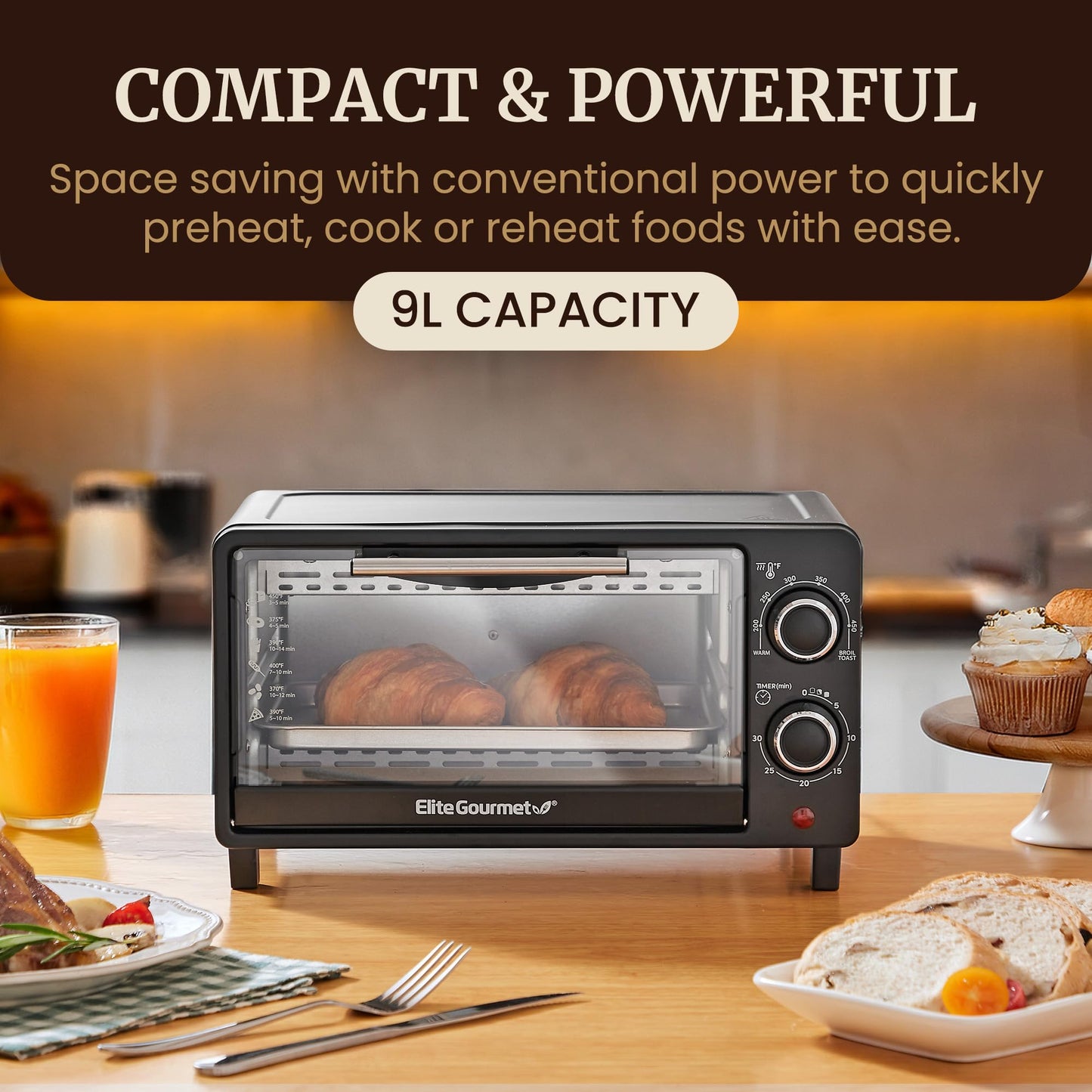 Elite Gourmet ETO490 - Horno tostador para encimera de 9 l/4 rebanadas con temporizador de 30 minutos, control de temperatura ajustable, incluye charola para hornear y estante de alambre, hornear,
