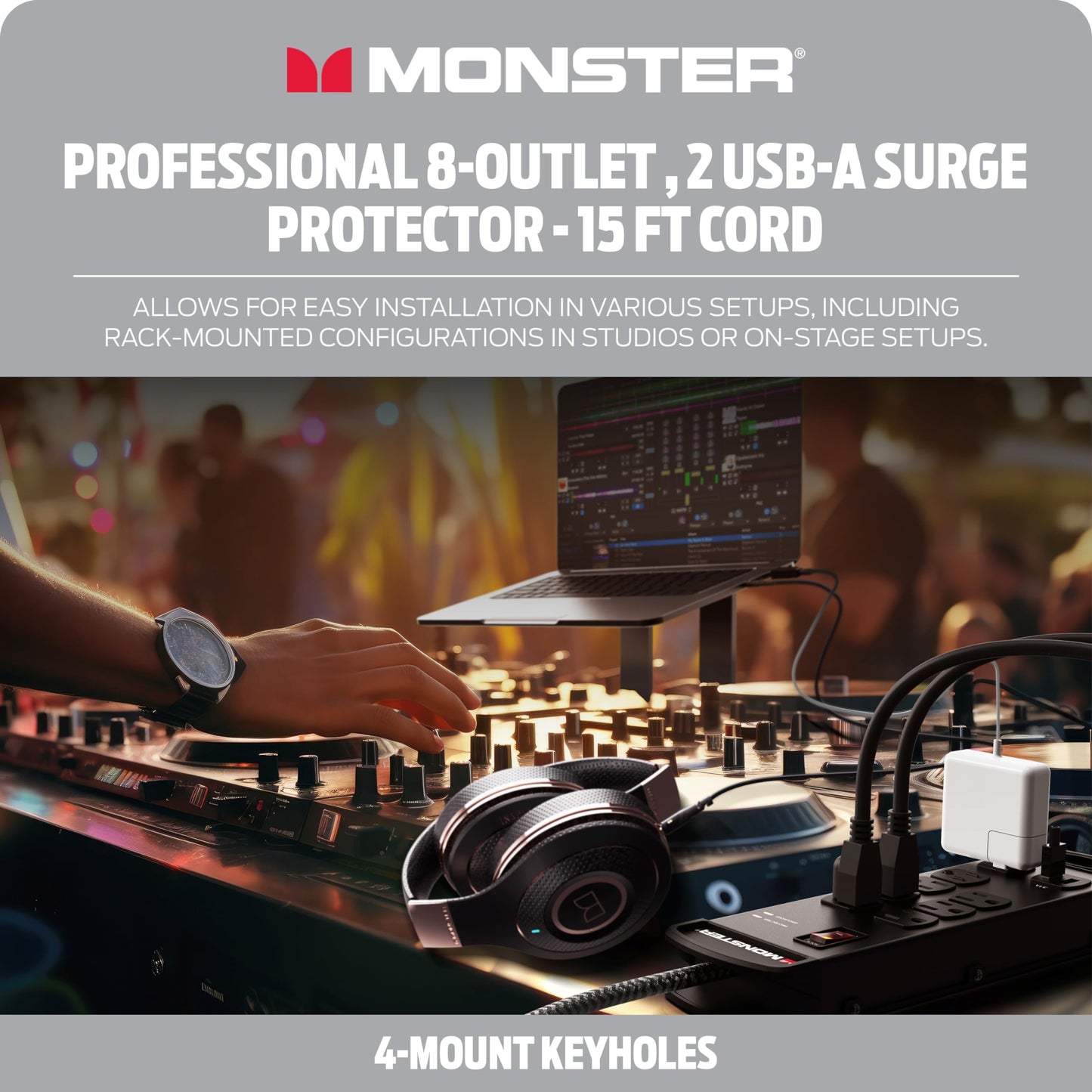 Tira de Alimentación Monster Pro MI Negra con Protección contra Sobretensiones Ignífuga para Equipos de Audio Profesional