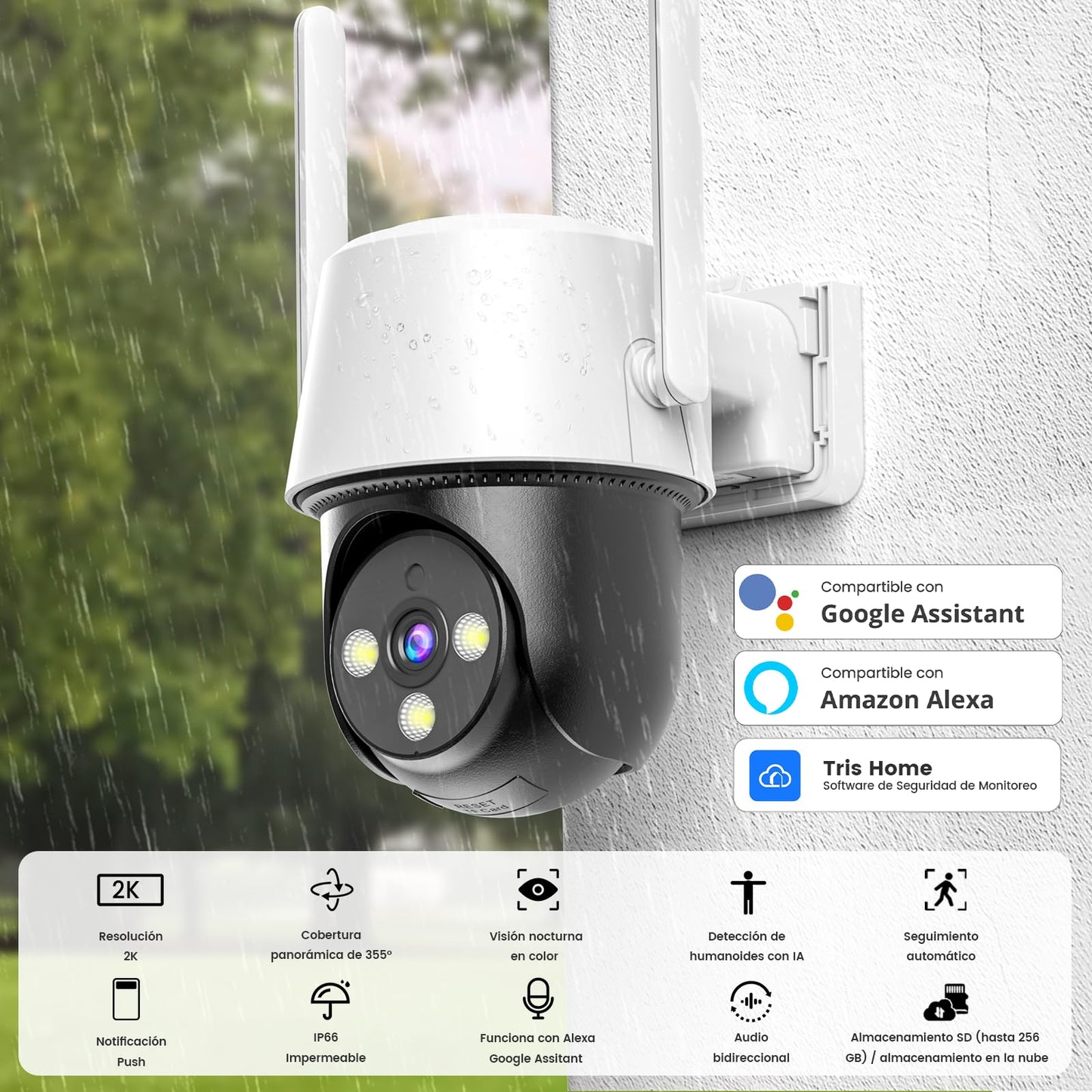 Cámara de Seguridad Exterior EASYTAO 3MP 2K WiFi 5Ghz en Blanco con Panorama 360 Grados Compatible con Alexa