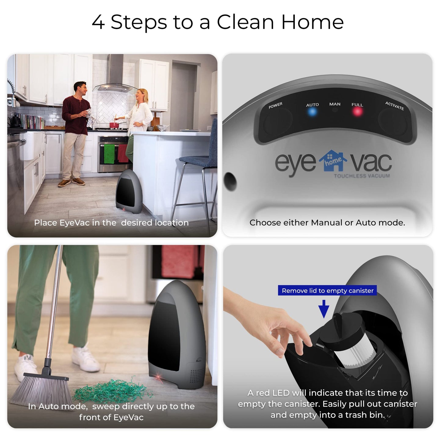 EyeVac Home Aspiradora estacionaria sin Contacto, Doble filtración de Alta eficiencia, con Cable, sin Bolsa, sensores automáticos, 1000 W