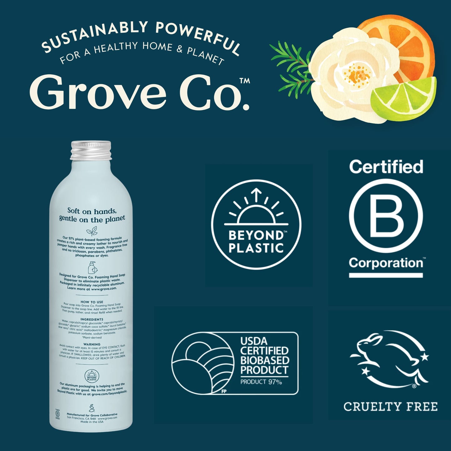 Grove Co. Jabón de manos espumoso concentrado (355 ml) + dispensador de jabón de vidrio reutilizable, kit de inicio rellenable sin plástico, sin perfume.