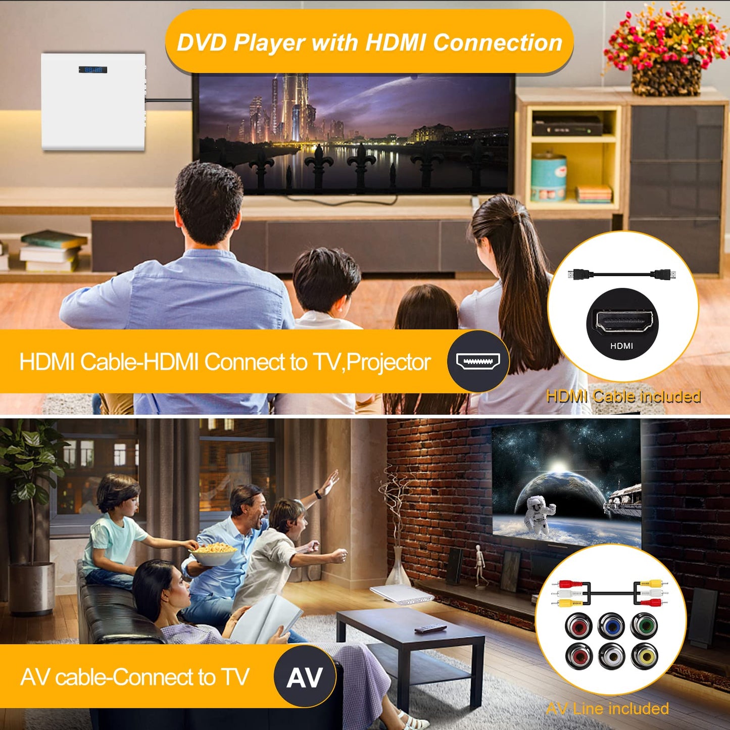 Famishow, reproductor de DVD gratuito para TV de todas las regiones con salida AV/HDMI y entrada USB, reproductor de DVD HD 1080P con cable HDMI, control remoto y cable AV, montaje en pared (blanco)