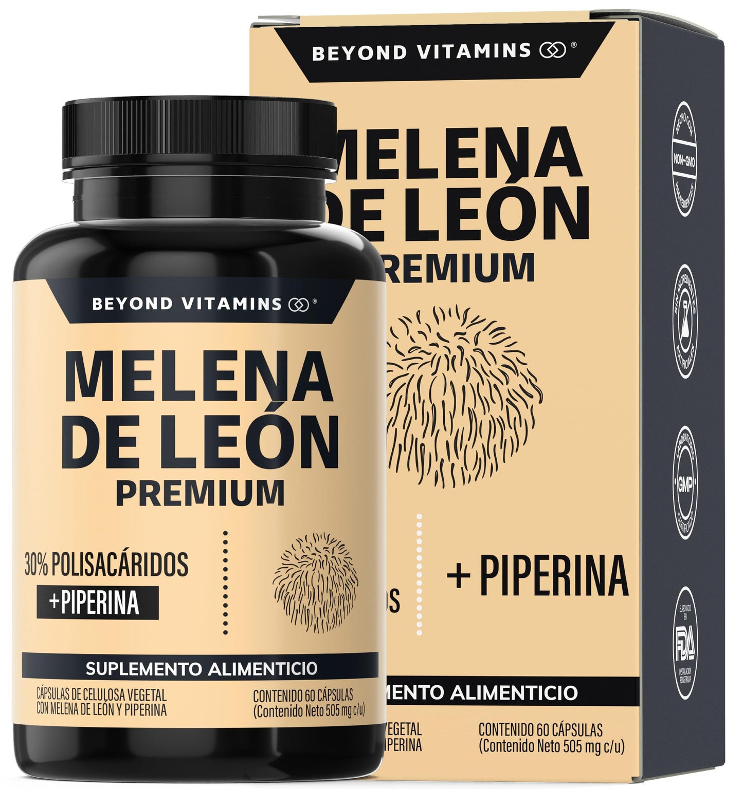 Beyond Vitamins | Hongo Melena de León | Extacto proveniente del Micelio con 30% de Polisacáridos + Piperina al 95% para máxima biodisponibilidad | Sin metales pesados | Vegano | 60 cápsulas