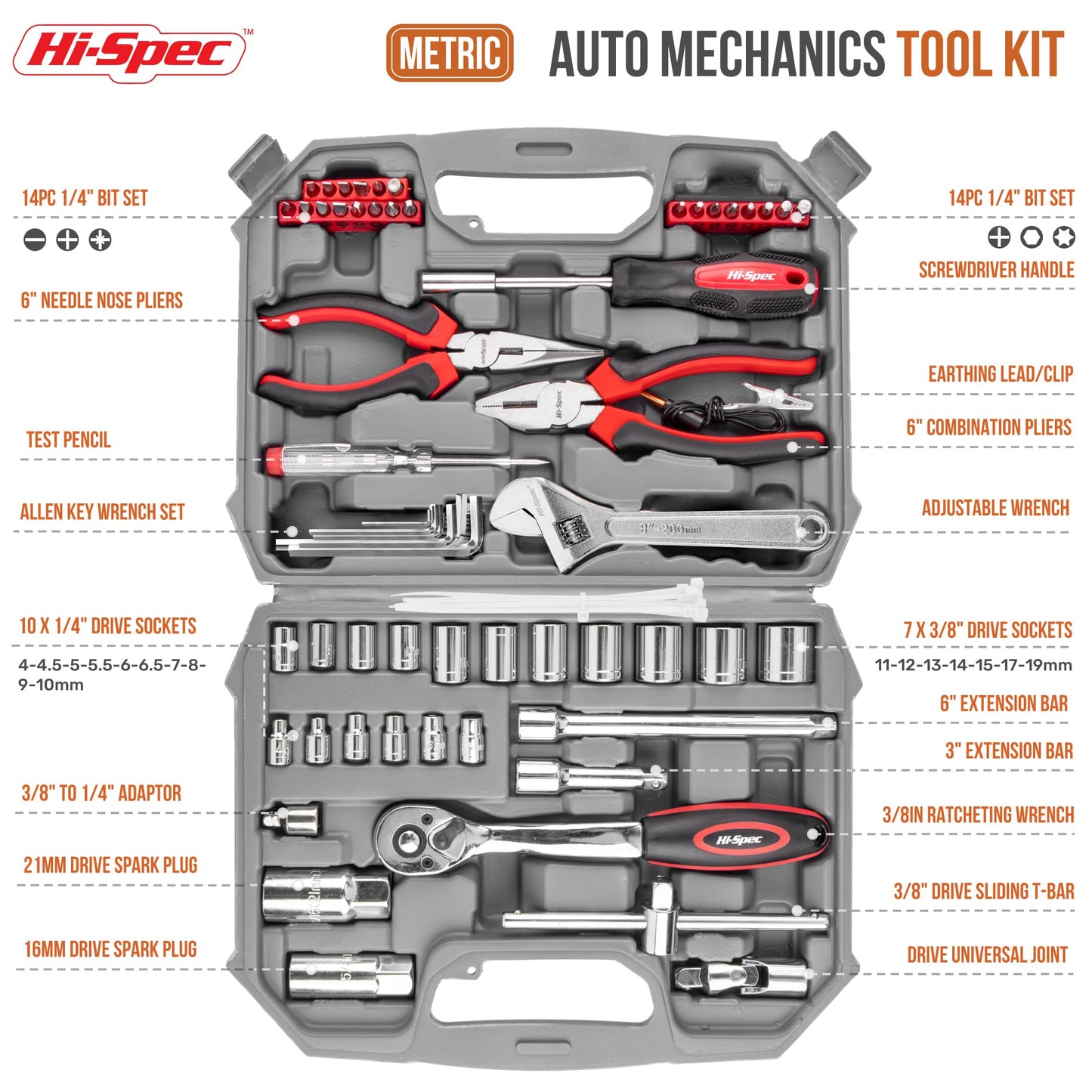 Hi-Spec Juego de Herramientas para Mecánica Automotriz de 67 Piezas. Herramientas Manuales de Bricolaje para Reparación y Mantenimiento de Automóviles, Bicicletas, y Motos. con Maletin de Transporte