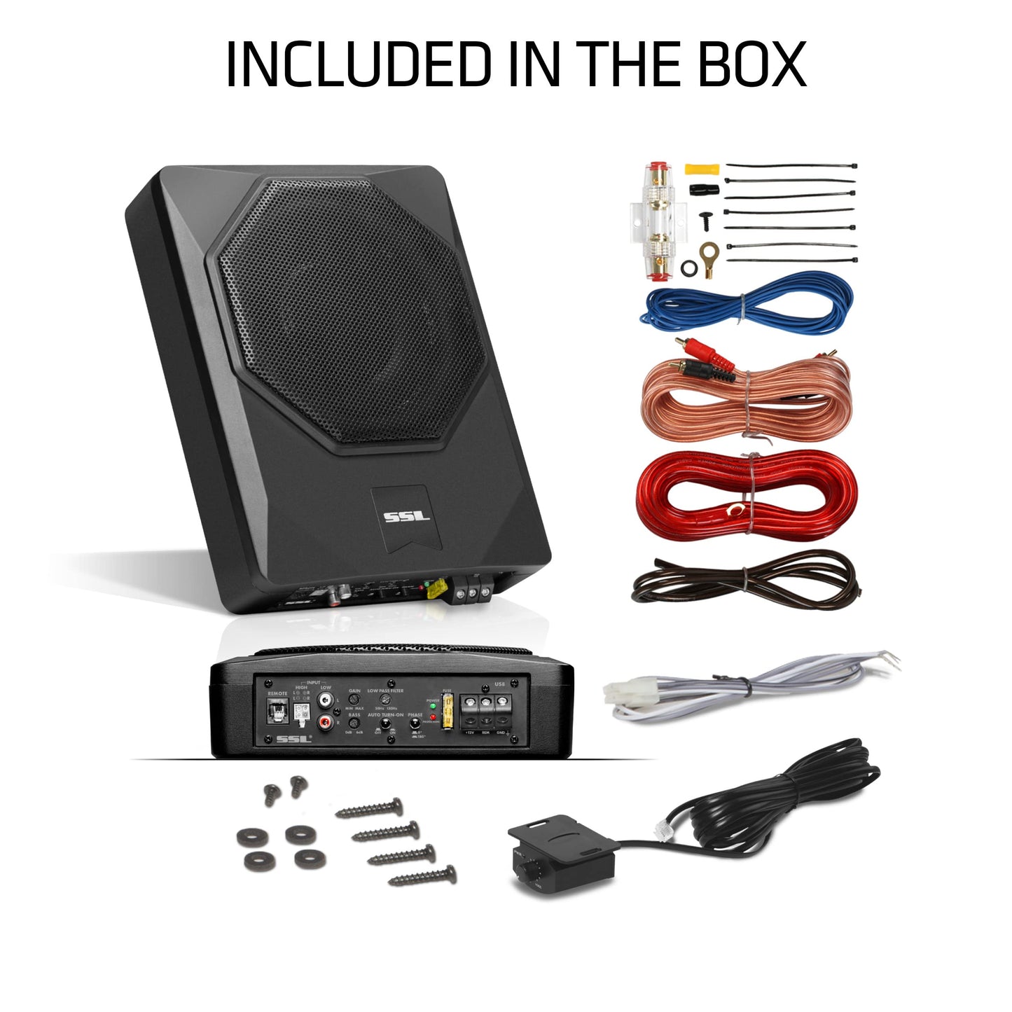 Sound Storm Laboratories US8K - Subwoofer de audio para coche de 8 pulgadas bajo el asiento, 800 vatios máximo, perfil bajo, amplificador integrado, para camión, cajas y recintos, control remoto de subwoofer