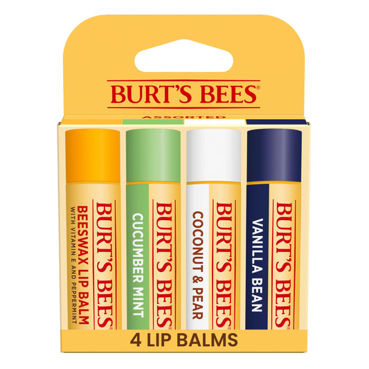 Burt's Bees - Bálsamo labial de cera de abejas, menta, pepino, coco y pera y vainilla, con cera de abejas de origen responsable, sin tinte, tratamiento labial de origen natural, 4 tubos, 0.25 onzas