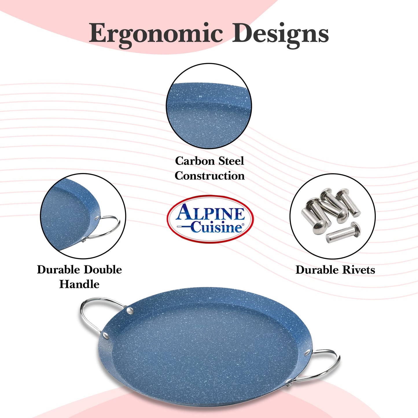 Alpine Cuisine - Plancha redonda Comal de 9.5 pulgadas, plancha azul con doble asa duradera, duradera y resistente Comal para cocinar, calentamiento uniforme