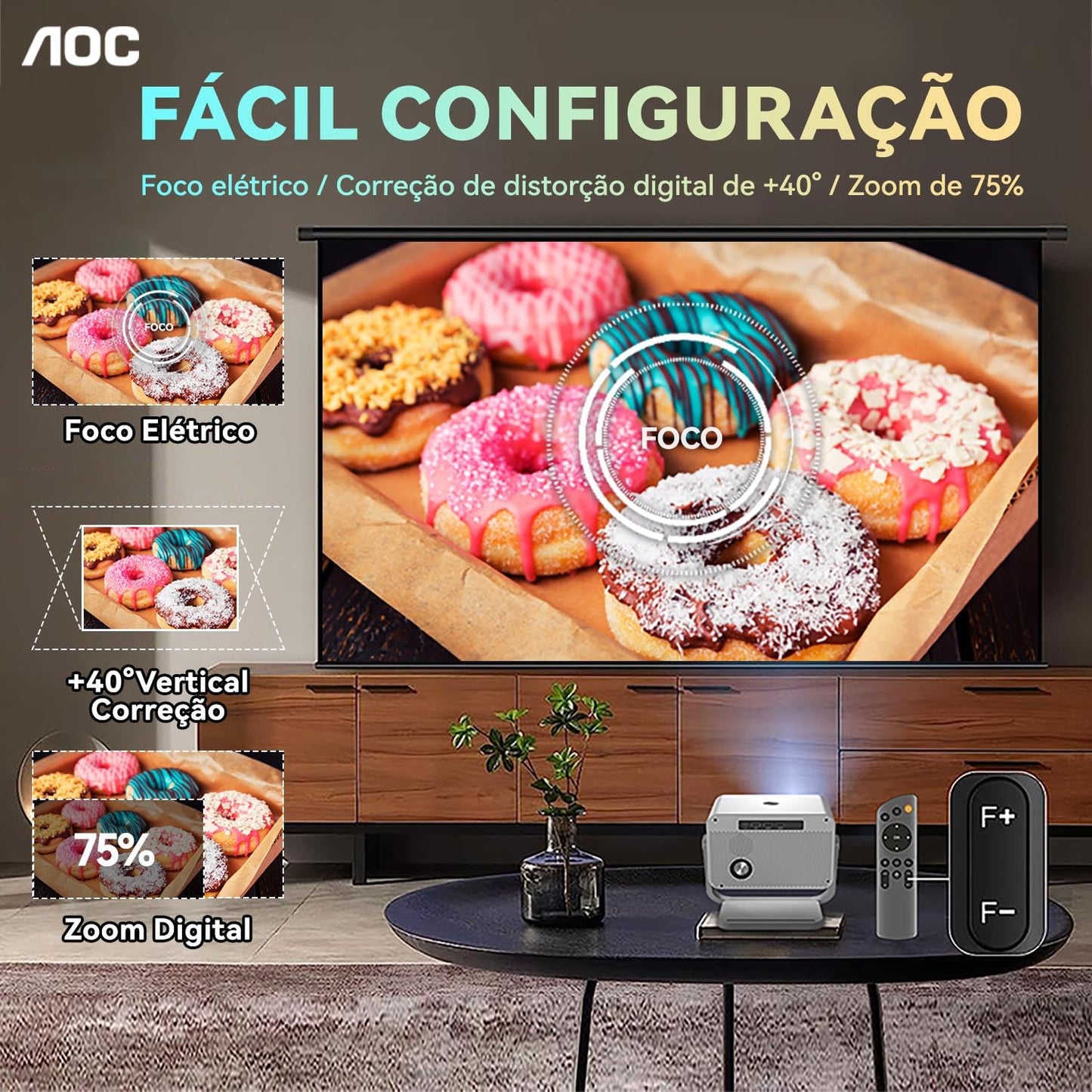 AOC Mini proyector, portátil Compatible con 4K,12000 lúmenes,Enfoque eléctrico, WiFi y Bluetooth,diseño con eliminación de Polvo y disipación de Calor, Compatible con Android e iOS para Cine en casa