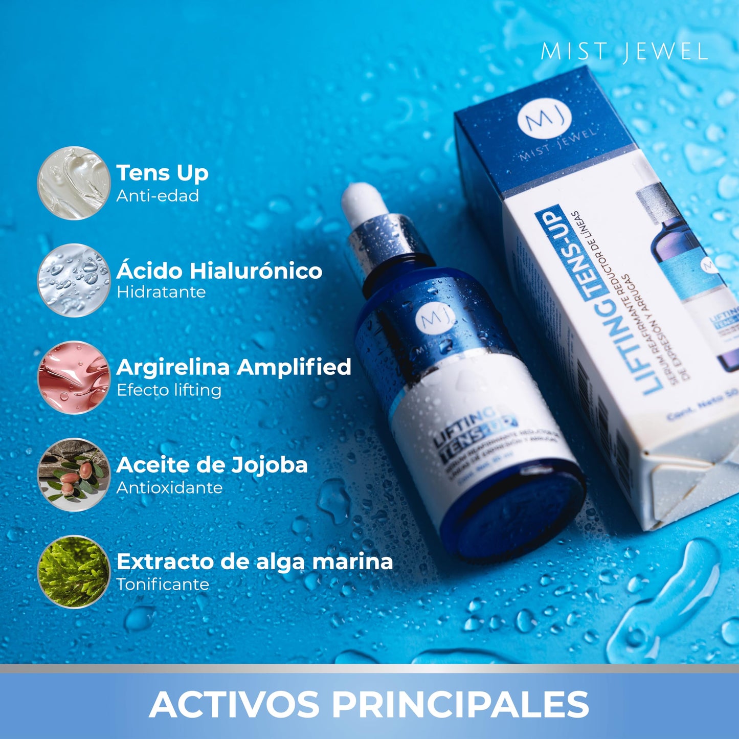 MIST JEWEL Serum facial con efecto tensor lifting Tens-Up, con ingredientes antiedad y ácido hialurónico para cuidado facial de 50ml | suero reafirmante reductor de arrugas y lineas de expresion en rostro y cuello