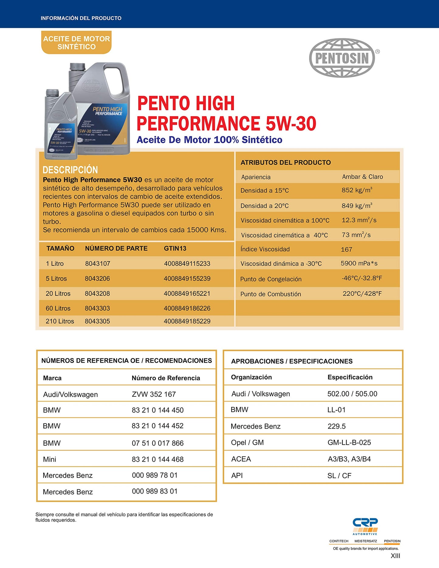 Aceite de Motor Pentosin Hp 5W-30 5 l
