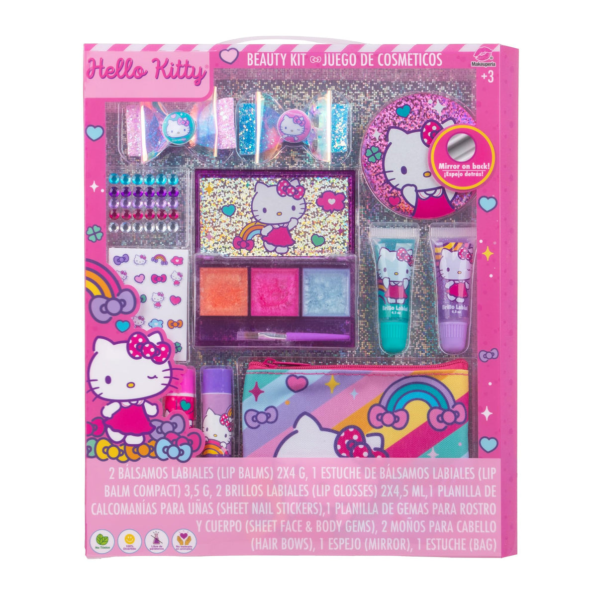 MAKEUPERIA Maquillaje para Niñas de Hello Kitty, Set de Maquillaje Infantil Lavable con Bálsamos, Brillos, Paleta con Brocha, Clips, Espejo y Bolsa de PVC, Regalo Seguro y Adorable