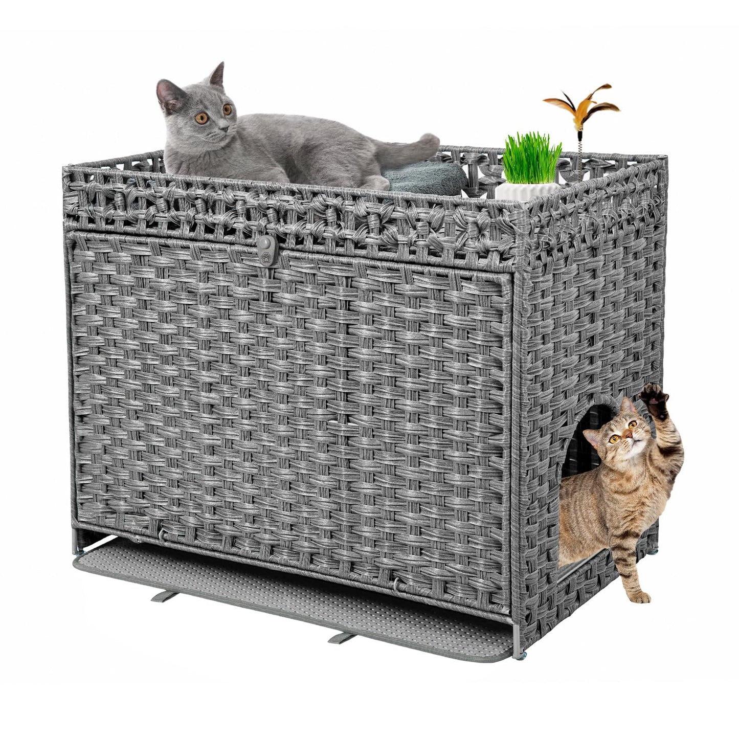 FABATO Arenero para Gato Grande Cerrado - Casa para Gatos Exterior - Puerta Lateral para tu Mascota - Mueble de Mimbre Ratán Tejido a Mano - Incluye Alfombrilla Suave (Gris)