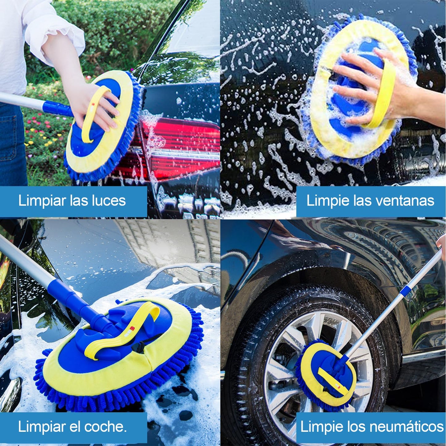 Bonieset Chenilla Microfibra Cepillo para Polvo de Lavado de Coche con Mango Largo, Kit de Limpieza de Coche Incluye Cepillo de Lavado de Coche, Cabezales de fregona, Toalla, Plumero de ventilación