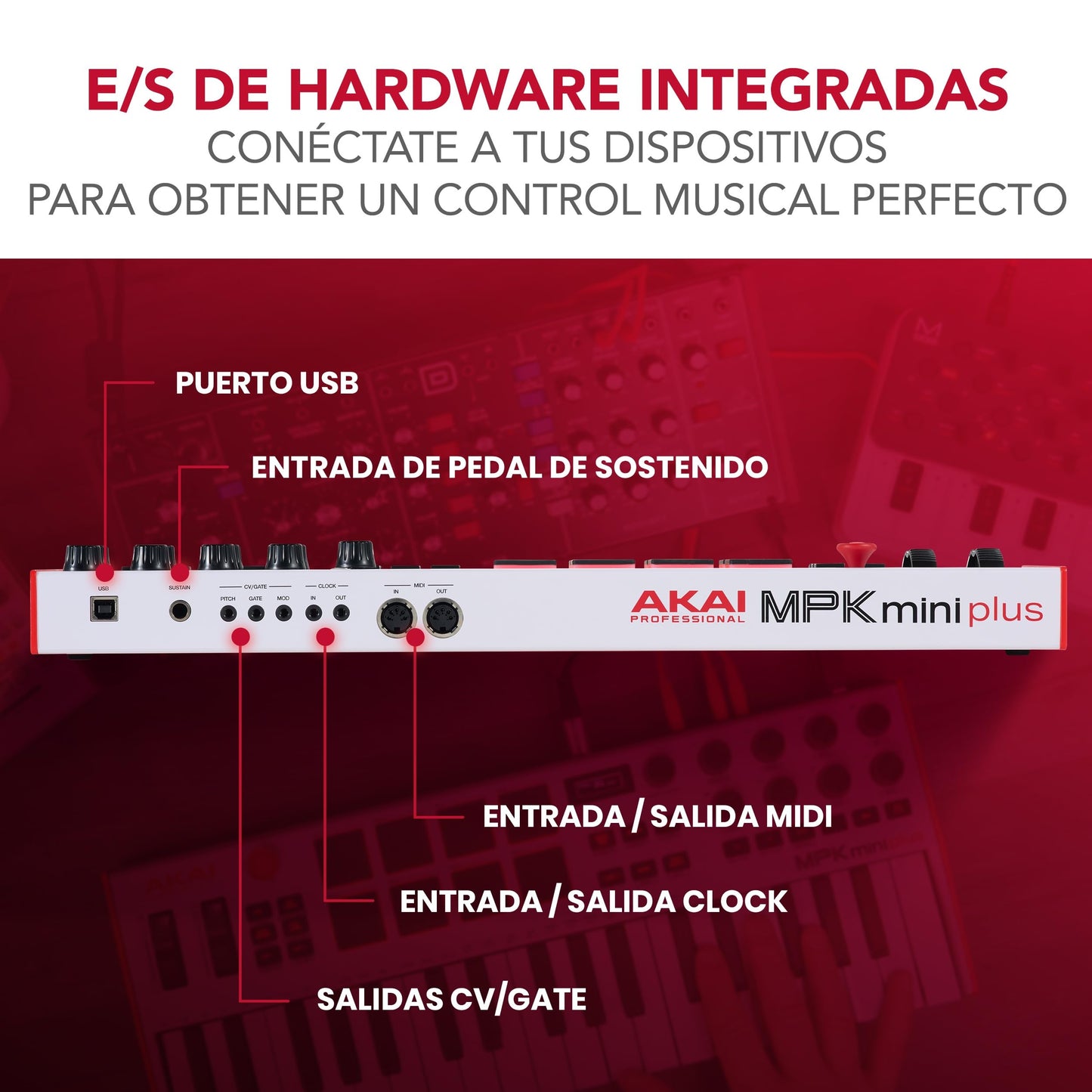 Akai Professional MPK Mini Plus - Teclado Controlador MIDI USB de 37 Mini Teclas con 8 Pads MPC, Secuenciador, MIDI/CV/Gate I/O, Software de Producción y Native Instruments Sound Package, Blanco