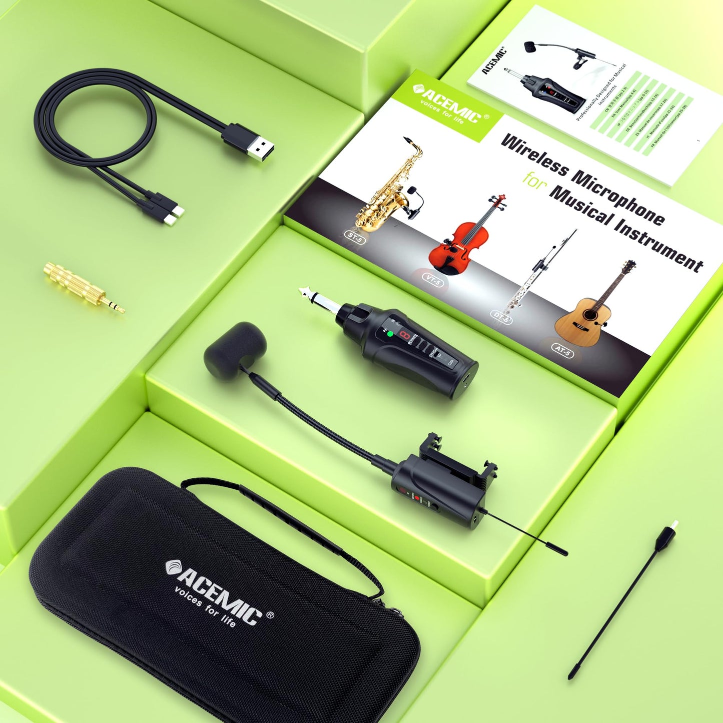 ACEMIC UHF Micrófono inalámbrico para violín Recoge el Instrumento de Cuello de Cisne Micrófono de Clip Transmisor y Receptor para Altavoces Activos, Sistemas de megafonía Activos, VT-5