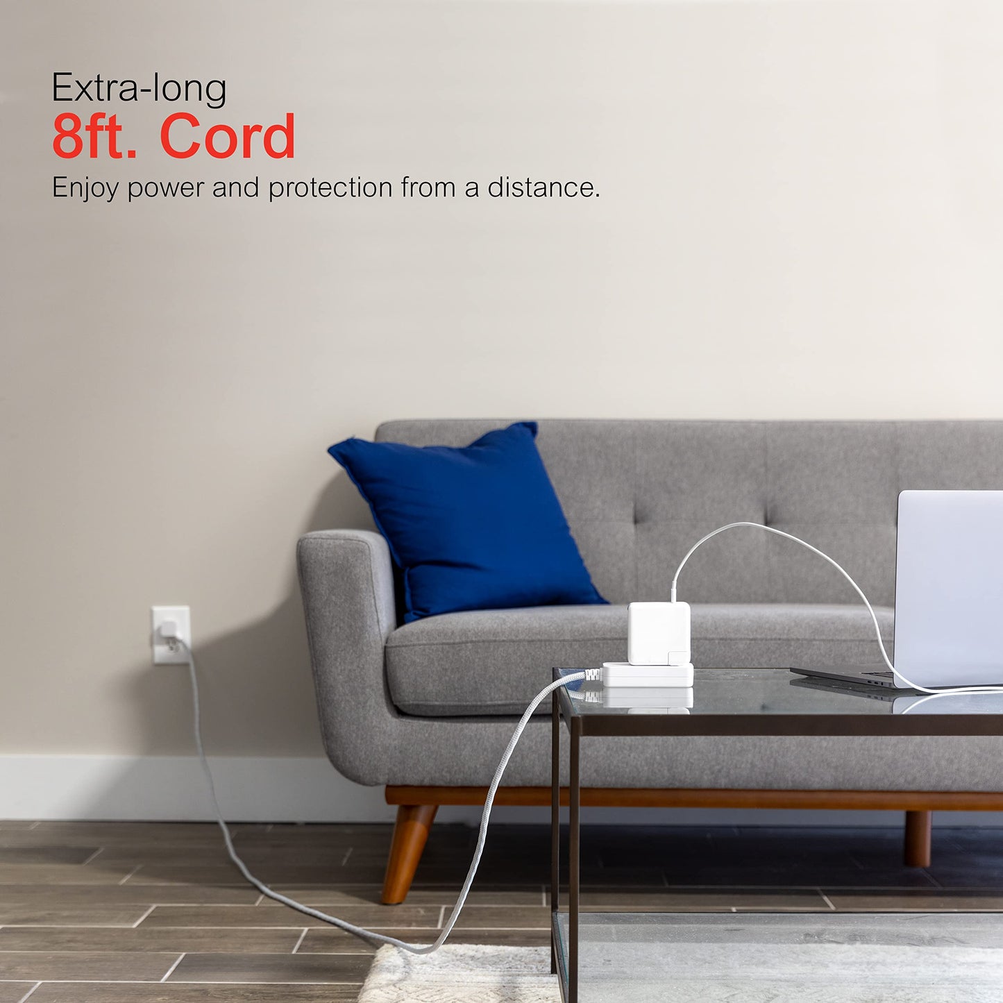 GE Pro Tira Multicontactos De 3 Salidas con Supresor de Picos, Enchufe Plano, Cable De Extensión Trenzado De 2.4 m (8 Pies) 250 Julios, Conectado a Tierra Certificacion UL, Blanco/Gris, 1 Unidad 38433