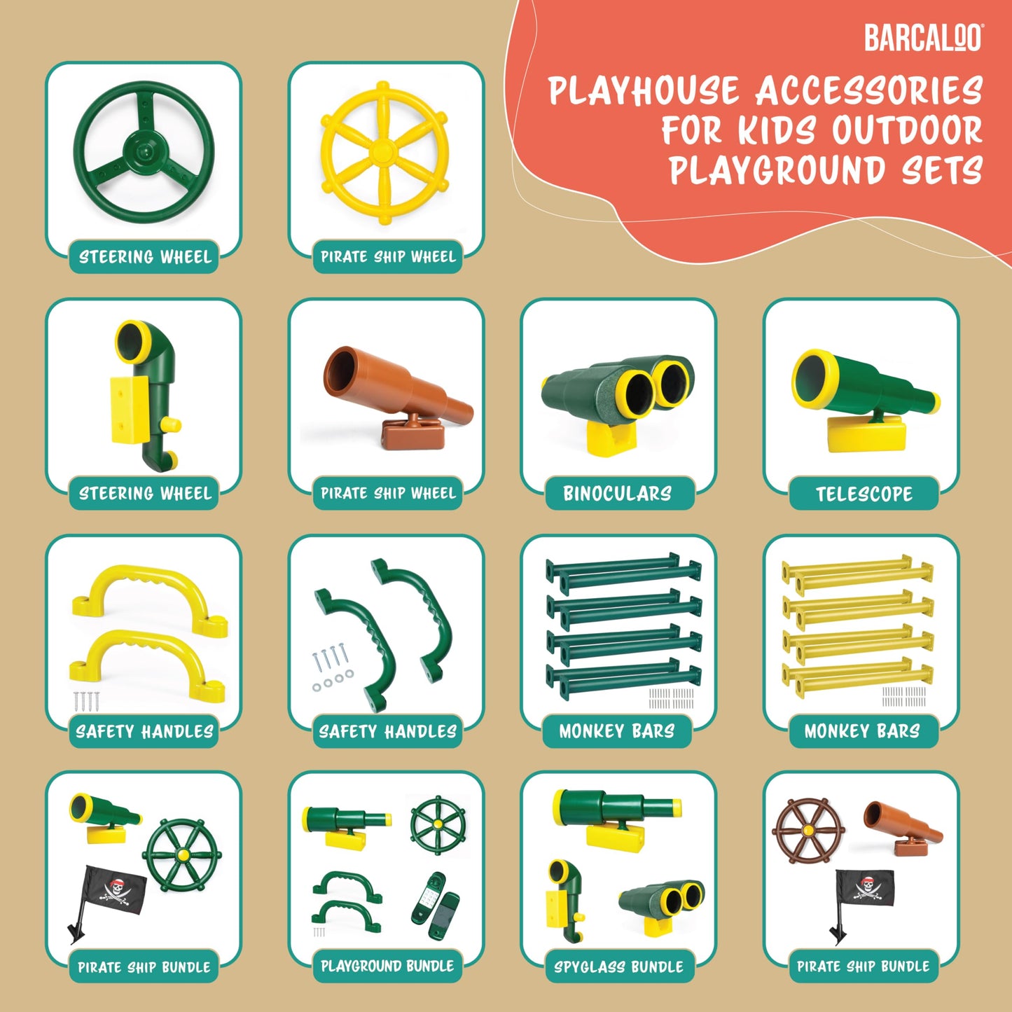 Accesorios para patio de juegos al aire última intervensión para niños, telescopio pirata, volante, barras de mango de seguridad verde, equipo de parque infantil, patio trasero, casa de juegos, gimnasio de la selva, columpio, barco pirata