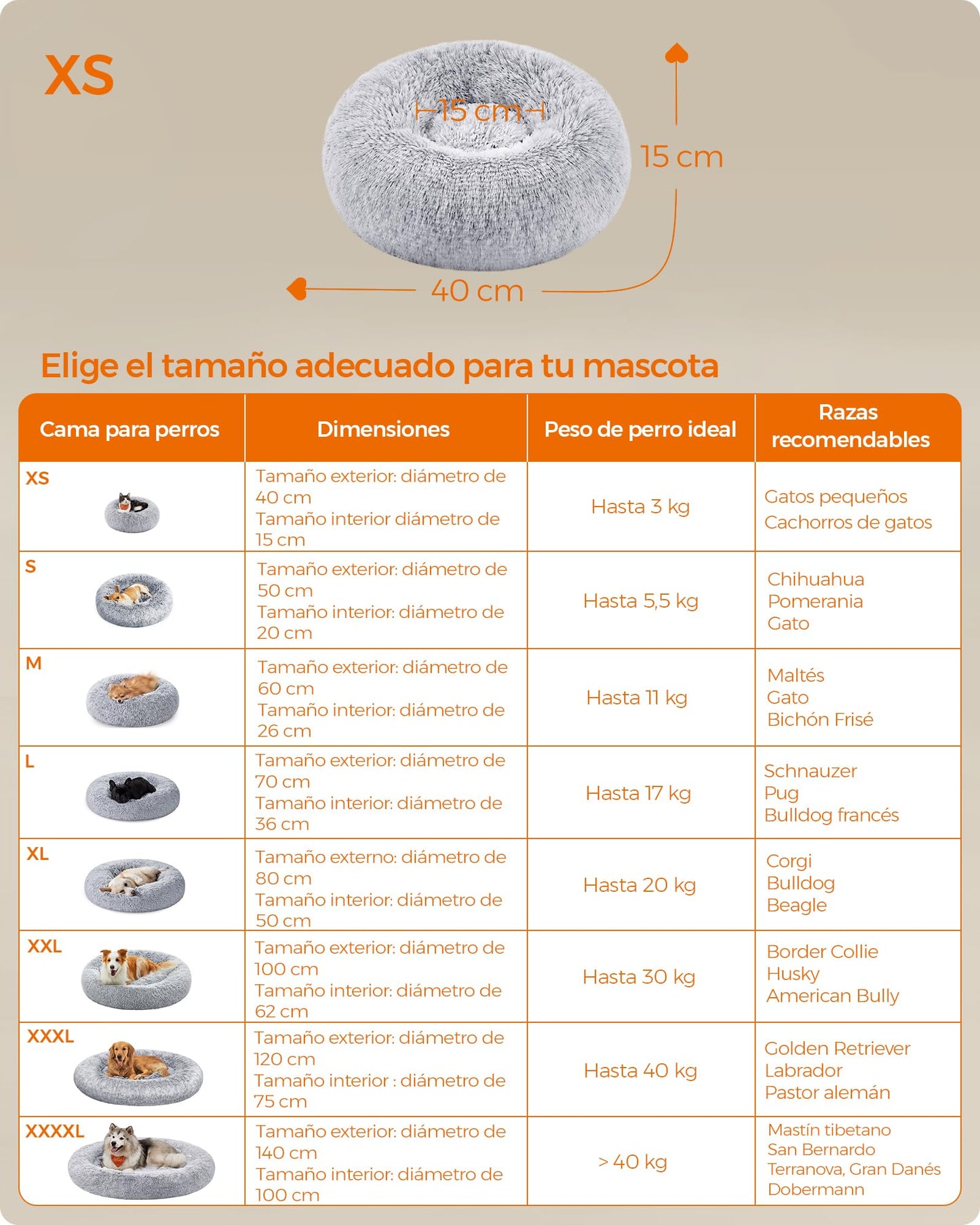Feandrea Cama de Perros, Cama para Mascotas, Diámetro de 40 cm, Cojín Central Extraíble y Lavable, Alfombra de Felpa, Gris Ombré MPGW036G01