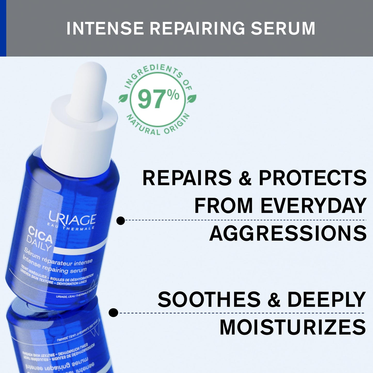 Uriage Cica-Daily Sérum Reparador Intenso con Centella Asiática 30ml - Ácido Hialurónico y Vitamina B5 - Repara y Protege de las Agresiones Cotidianas - Sin Perfume - 97% Ingredientes de Origen Natural