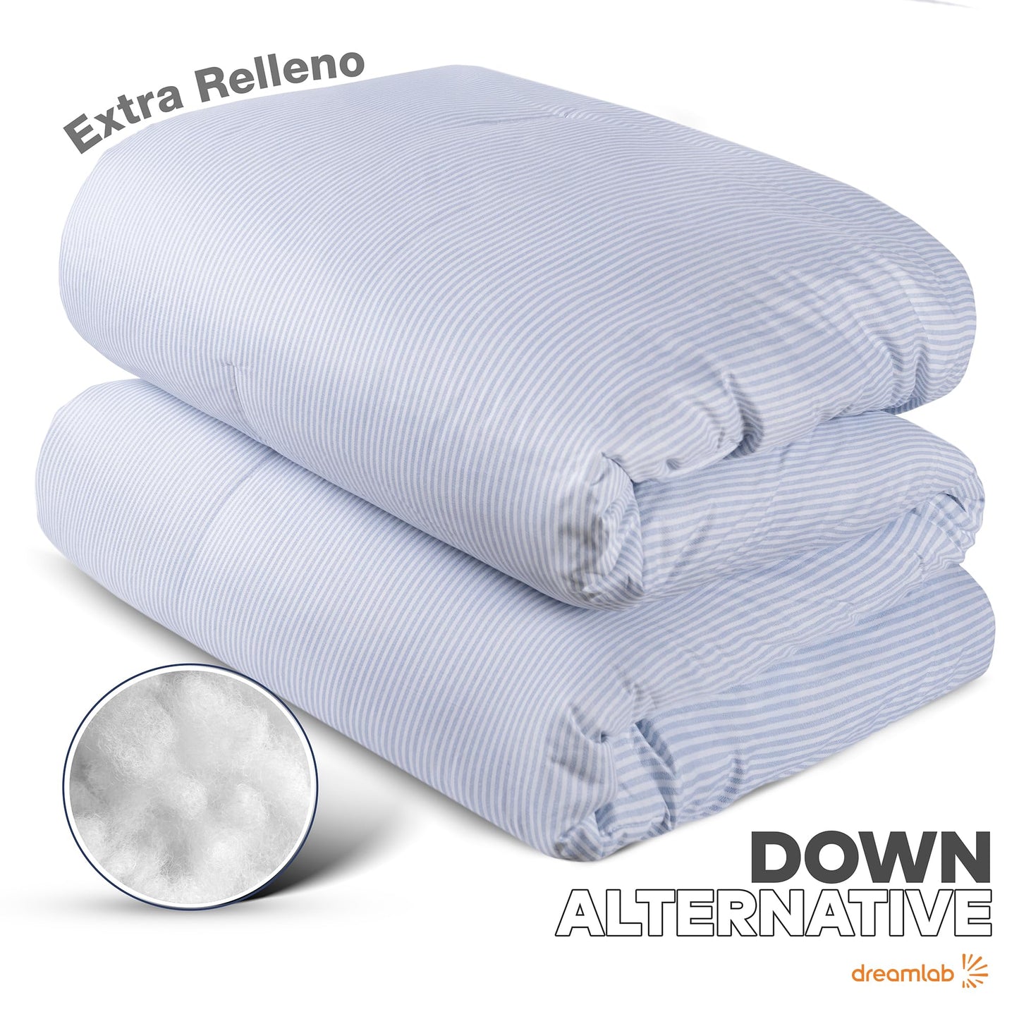Dreamlab Edredón Acolchado para Toda Estación. Relleno de Microfibras Recubiertas con Gel. Lavado a Máquina. Usar como Edredón o con Duvet. Hipoalergénico. (Rayas Azul Mezclilla, King Size 259x223cm)