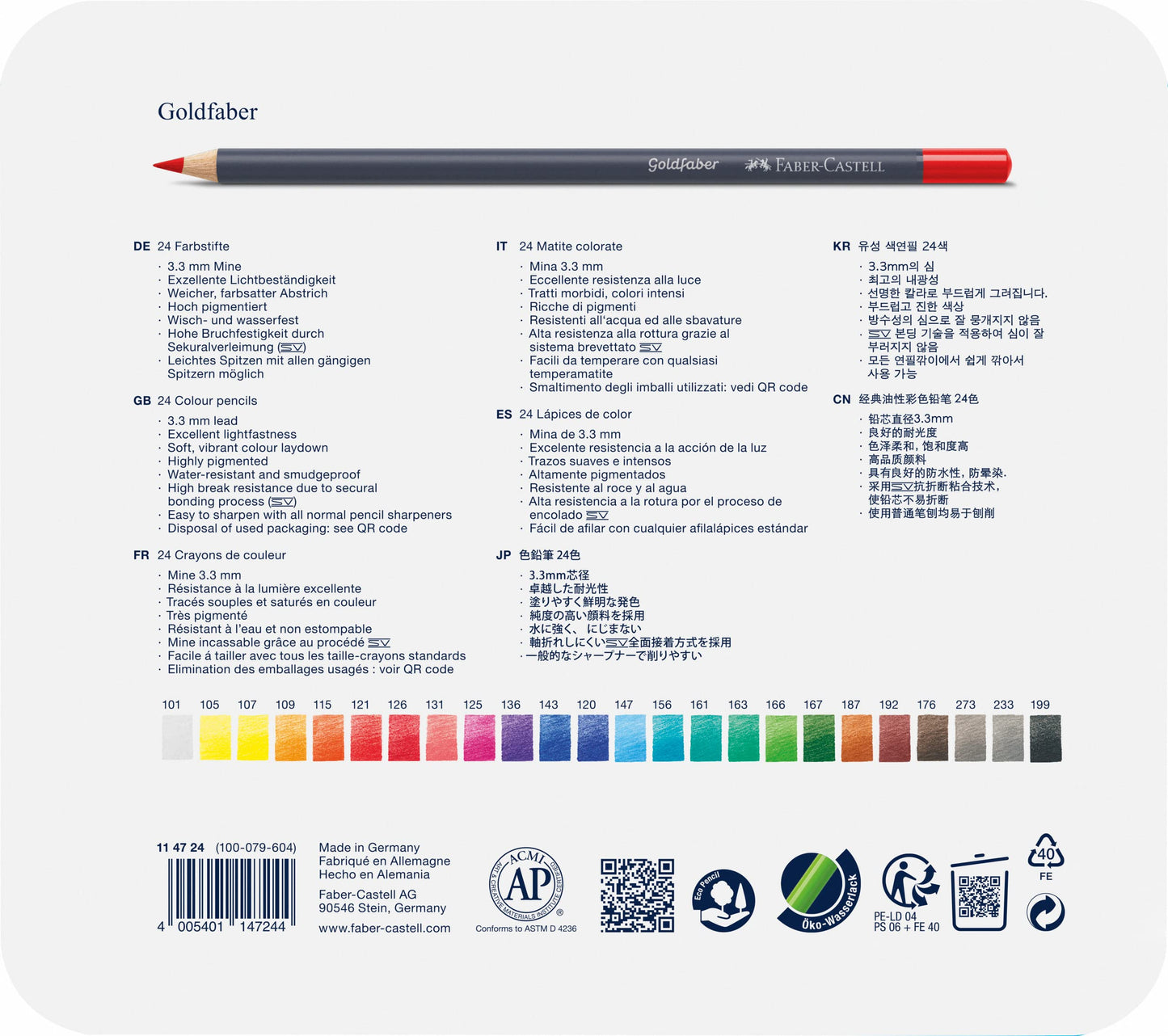 Faber-Castell Colores Goldfaber para Arte con 24 colores elaborados con excelente resistencia a la luz y a caídas, son ideales para artistas profesionales y aficionados que buscan proyectos creativos