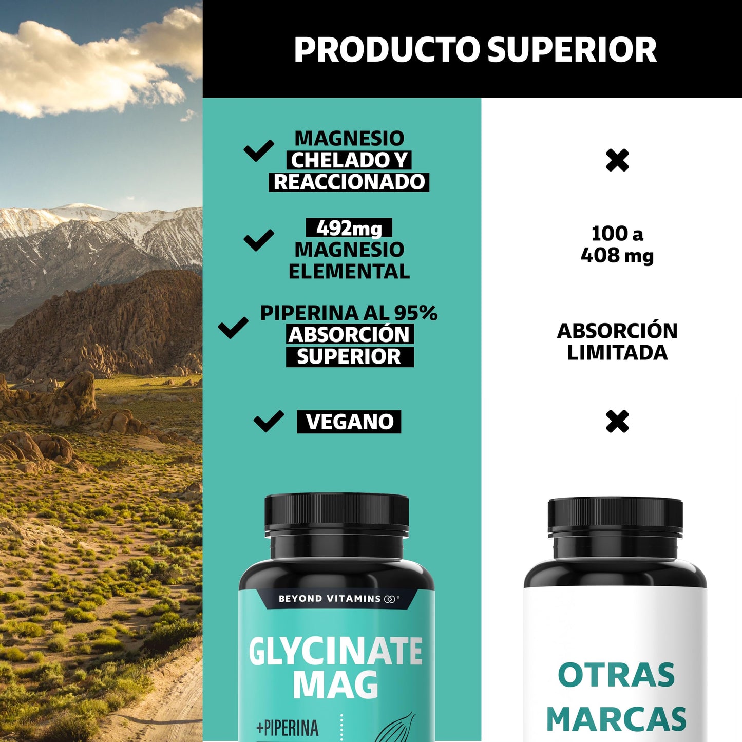 Glicinato de Magnesio Quelado | 20-100% mayor aporte de Magnesio por porción | Fortalecido con Piperina al 95% para mejor biodisponibilidad | 2400mg Glycinate Magnesium Beyond Vitamins | Suplemento Alimenticio Vegano - Ingredientes NON GMO (60 Cápsulas)