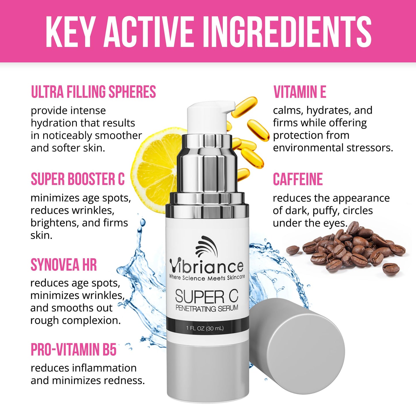 Vibriance Super C Serum for Mature Skin, Made in USA, All-In-One Formula Hydrates, Firms, Lifts, Smooths, Targets Age Spots, Wrinkles, Vitamin C Serum; 1 fl oz - Pack of 3