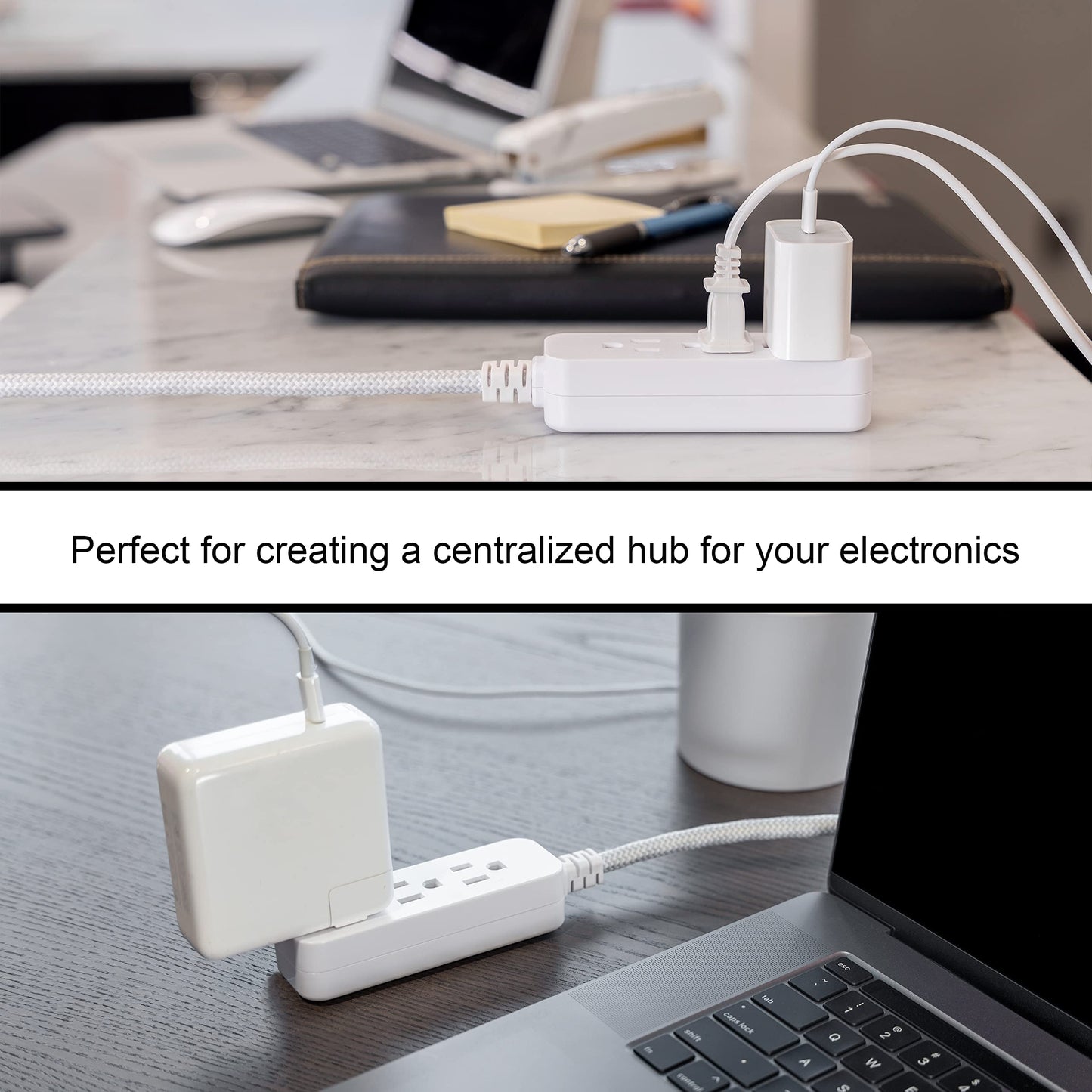 GE Pro Tira Multicontactos De 3 Salidas con Supresor de Picos, Enchufe Plano, Cable De Extensión Trenzado De 2.4 m (8 Pies) 250 Julios, Conectado a Tierra Certificacion UL, Blanco/Gris, 1 Unidad 38433