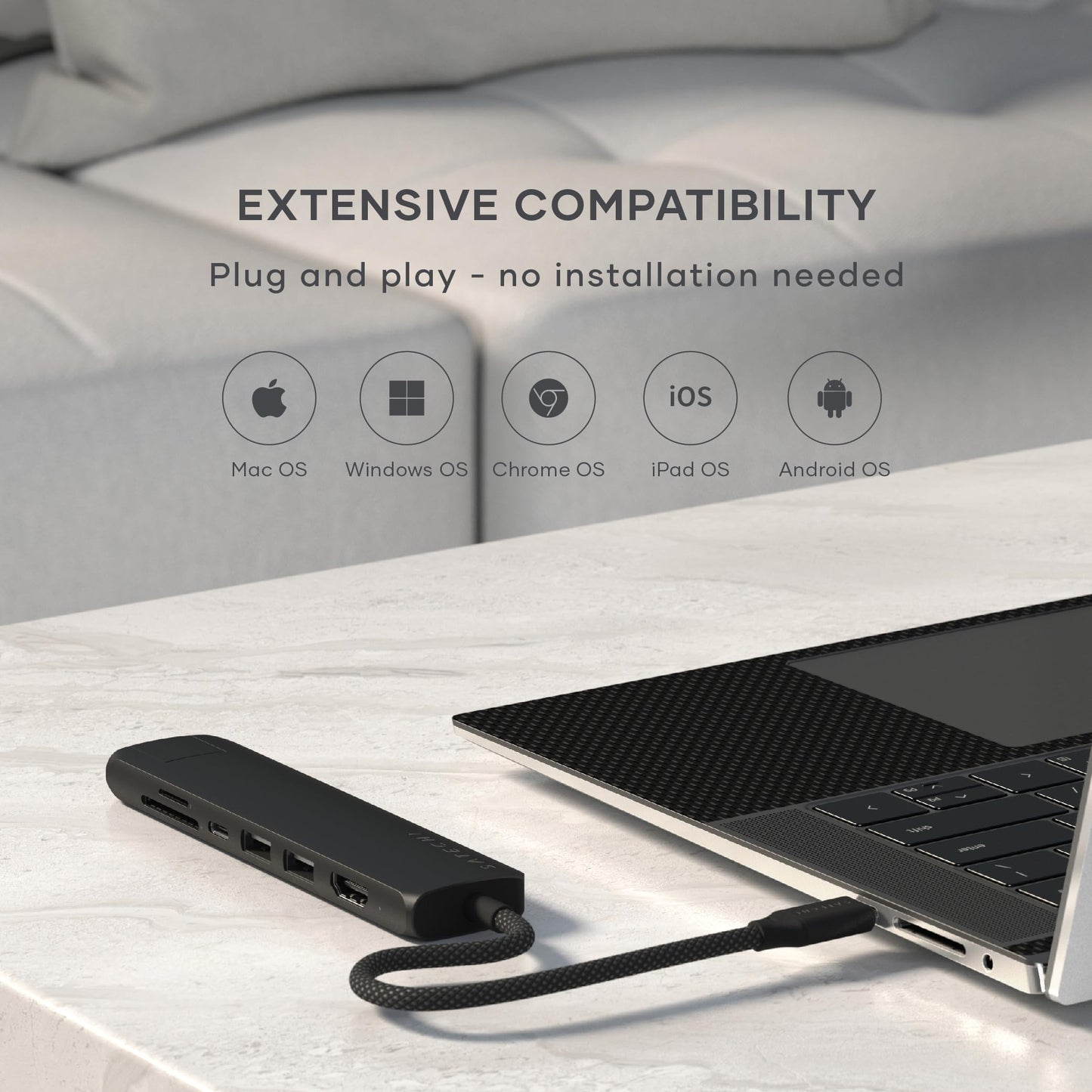 Adaptador USB-C SATECHI Negro 7 en 1 con HDMI 4K, Carga 100W y Lectores de Tarjetas para MacBook iPad iPhone Windows