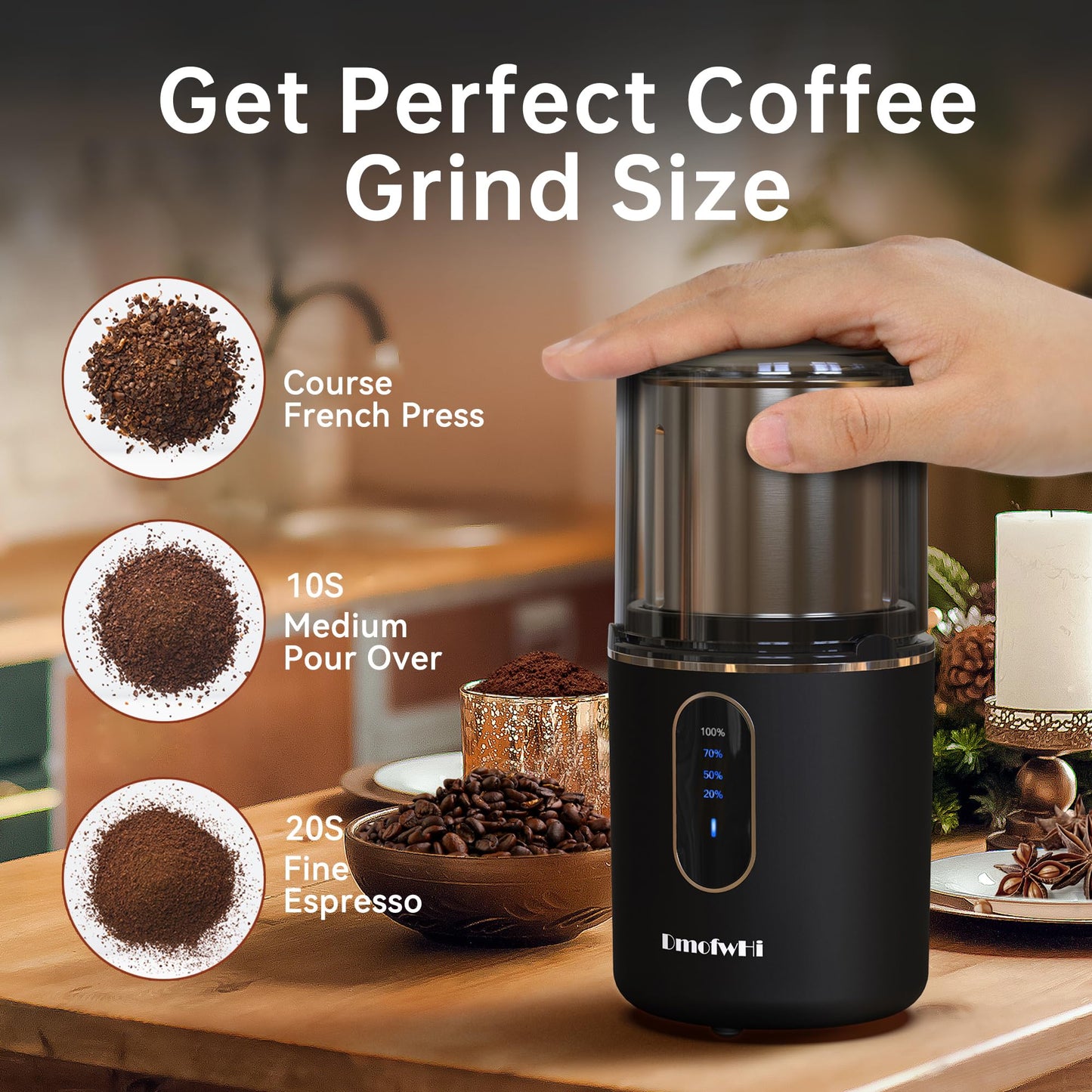DmofwHi - Molinillo de café inalámbrico eléctrico, recargable por USB, con hoja de acero inoxidable 304 y tazón extraíble, color negro