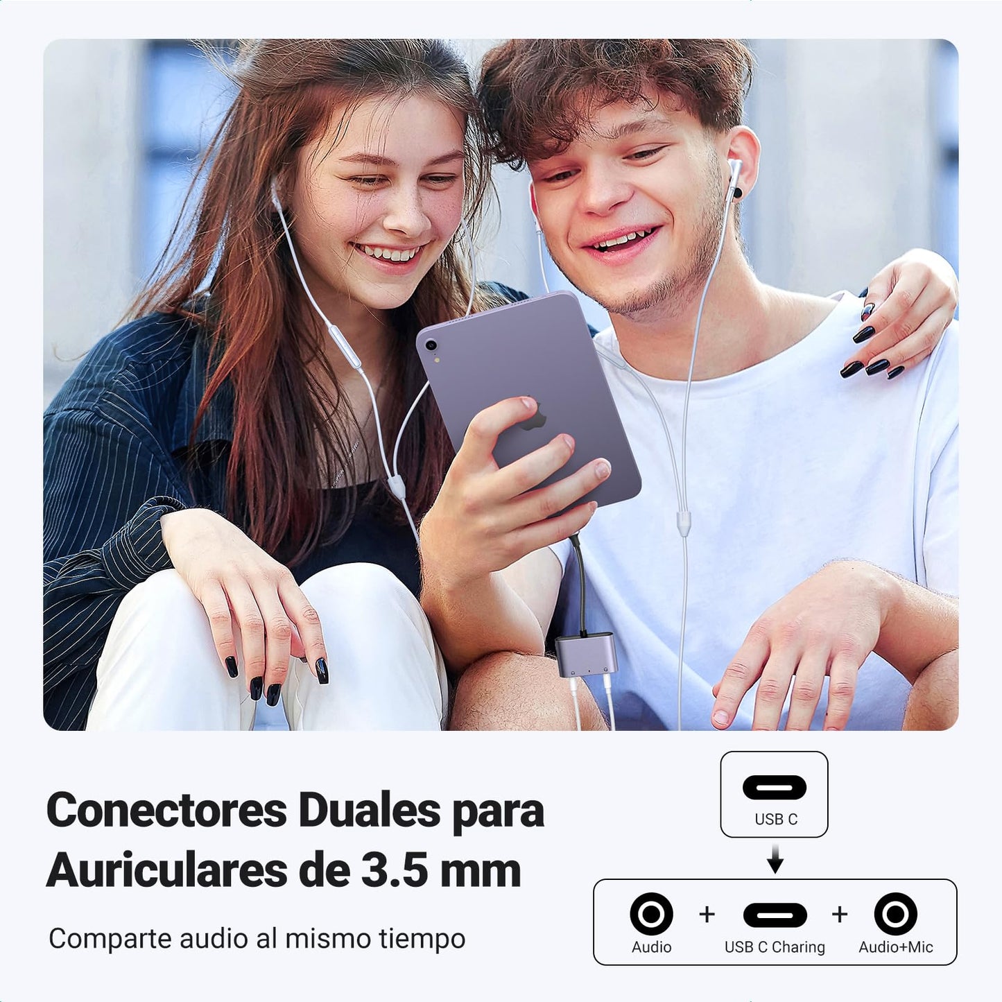 Adaptador USB C UGREEN Negro con 2 Jack 3.5 mm y Carga Rápida PD 60W