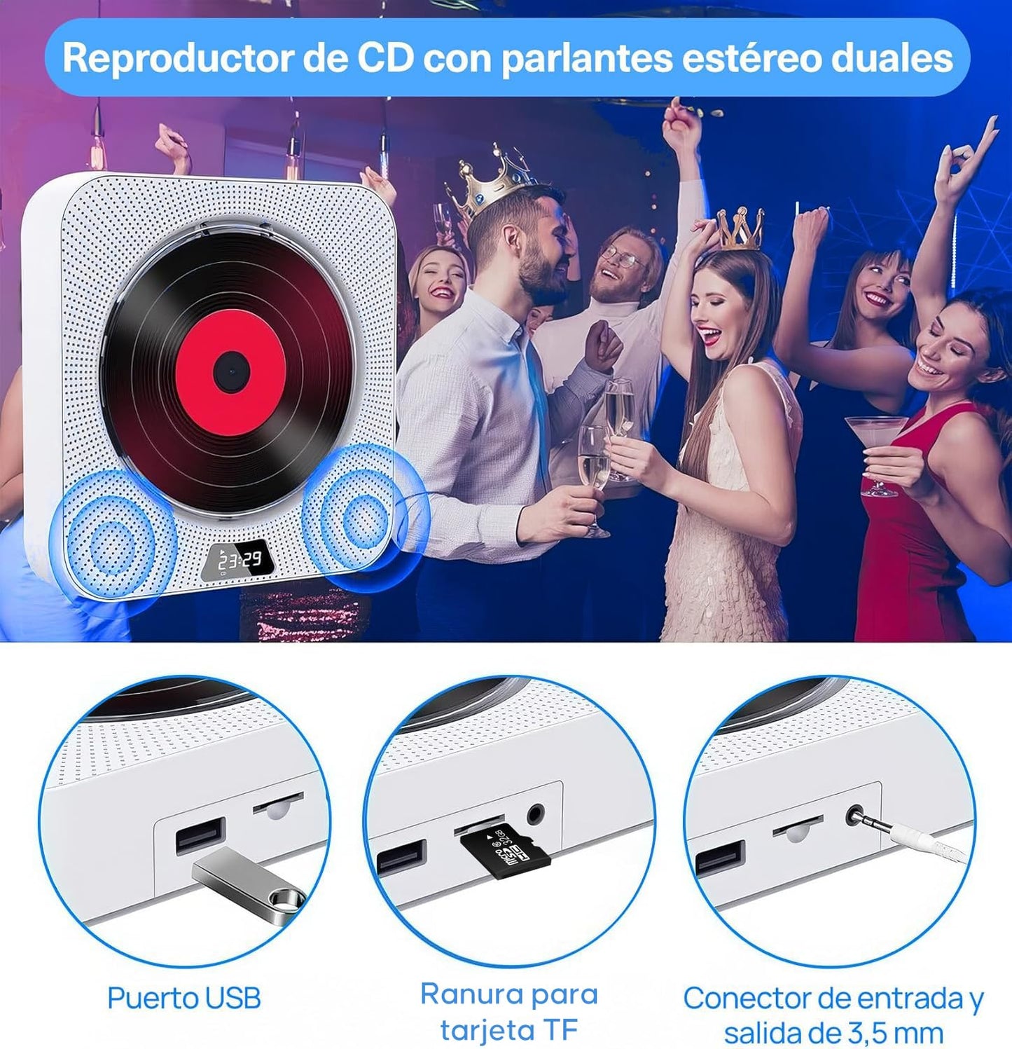 ECYWE Reproductor de CD Portátil Bluetooth,CD Player Montaje en Pared con Control Remoto,Cubierta Contra el Polvo,Pantalla LCD,Altavoces HiFi Integrados,Radio FM,Soporte CD/MP3/USB/AUX, Entrada Salida