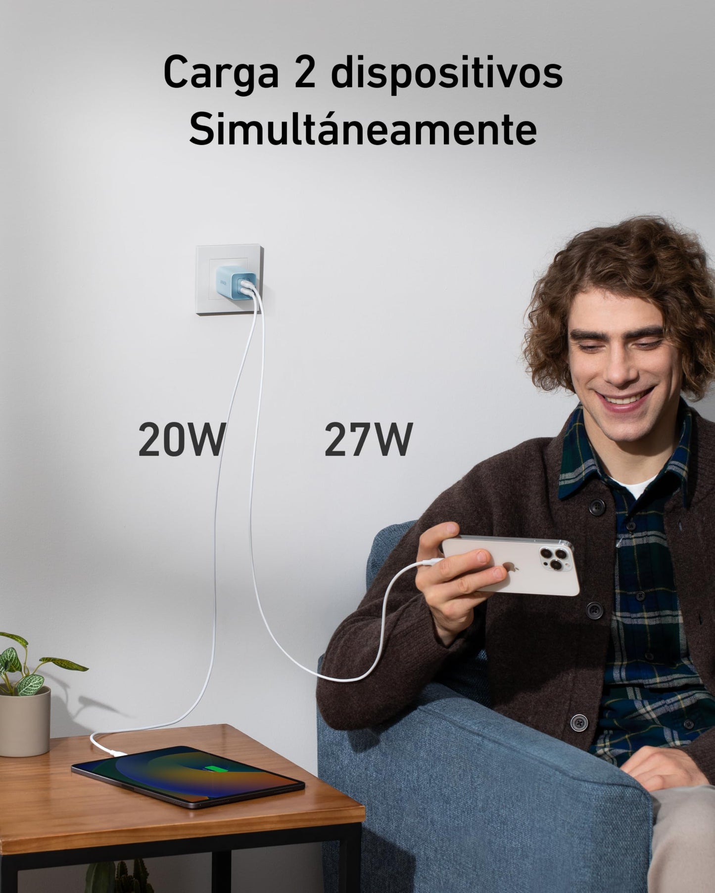 Anker Cargador USB-C 47 W, Cargador 523 (Nano 3), Cargador rápido GAN Compacto de 2 Puertos para iPhone 14/14 Plus/14 Pro/14 Pro Max/13, Galaxy, Pixel 4/3, iPad/iPad Mini (Cable no Incluido)