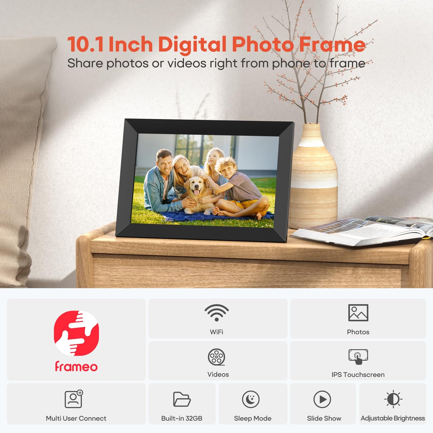 Frameo Marco de fotos digital WiFi de 10.1 pulgadas, marco de fotos digital HD IPS de 1280 x 800 pulgadas, visualización táctil electrónica, 32 GB de memoria, rotación automática, montaje en pared