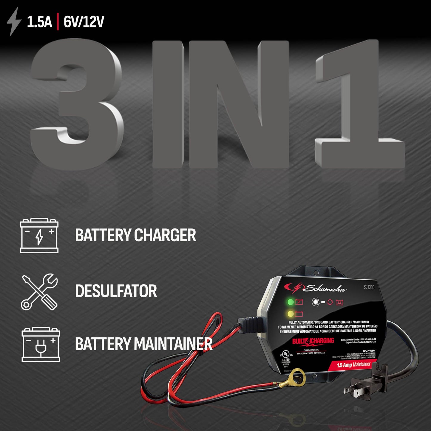 Schumacher SC1300 Cargador y mantenedor de batería completamente automático de montaje directo debajo del capó con detección de batería – 1.5 amperios, 6 V/12 V – para coches, motocicletas, tractores de césped, deportes eléctricos