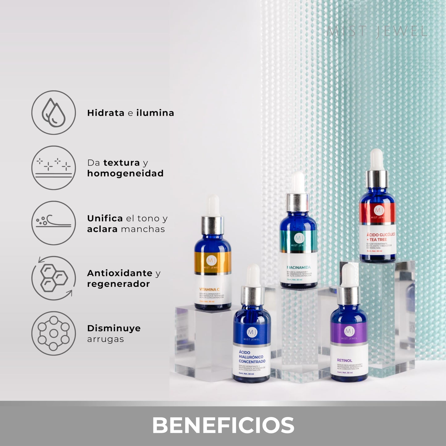 MIST JEWEL Kit sueros faciales Acido Hialurónico, Retinol, Vitamina C + E, Glicólico y Niacinamida | Conjunto de serums Avanzado 5 serum (KIT Facial avanzado)