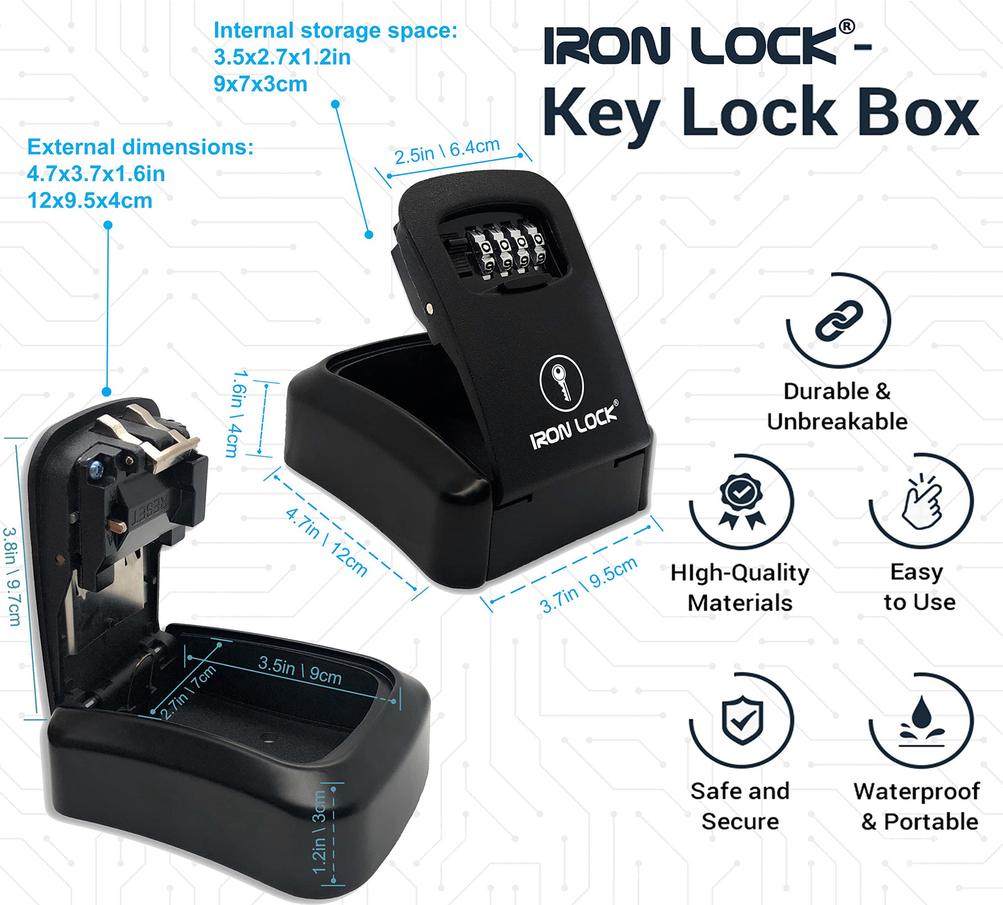 Iron Lock® - Caja de bloqueo de llaves para llaves de 4 dígitos combinación con código reajustable con interruptor A B para interiores y exteriores, impermeable, para llaves de casa de repuesto, 5