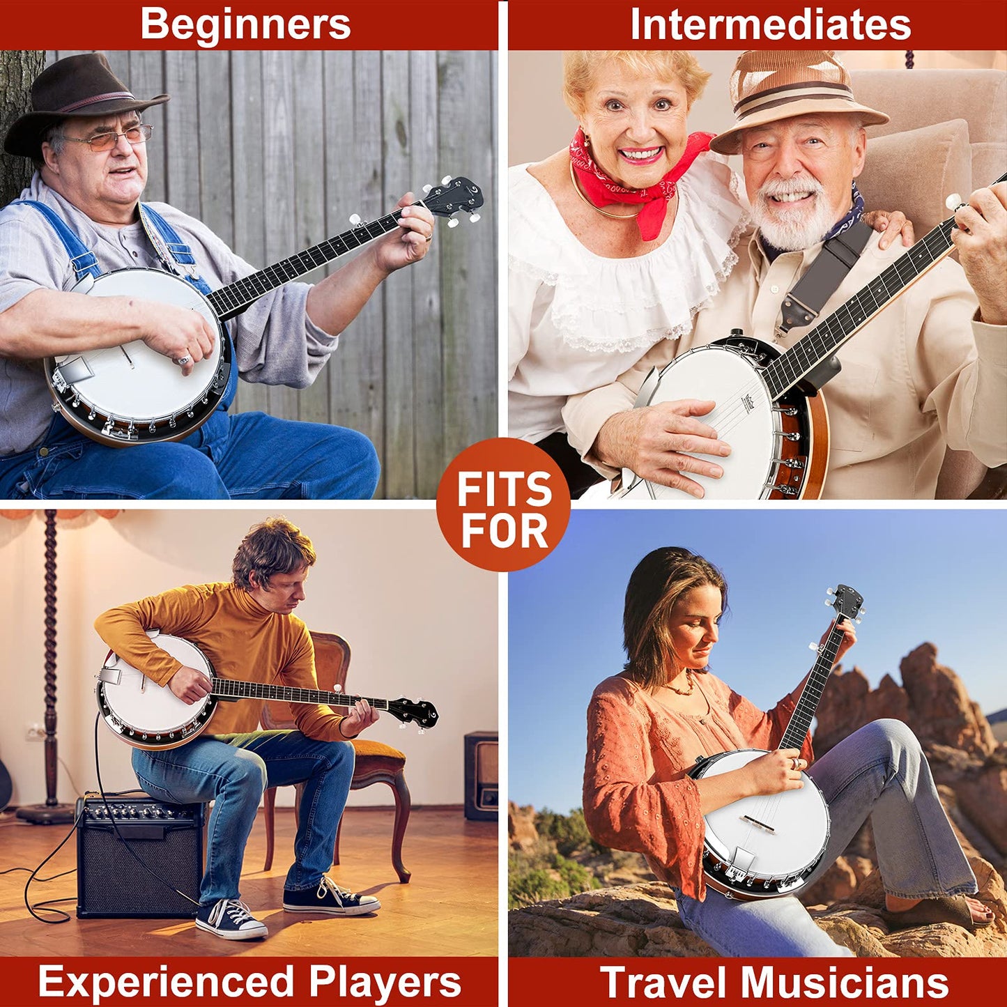 Vangoa Banjo - Juego de 5 cuerdas y acústicos eléctricos de tamaño completo con cabeza de retorno de caoba, cabeza de retorno, banjoe, 24 soportes con 5ª clavijas para principiantes y adultos