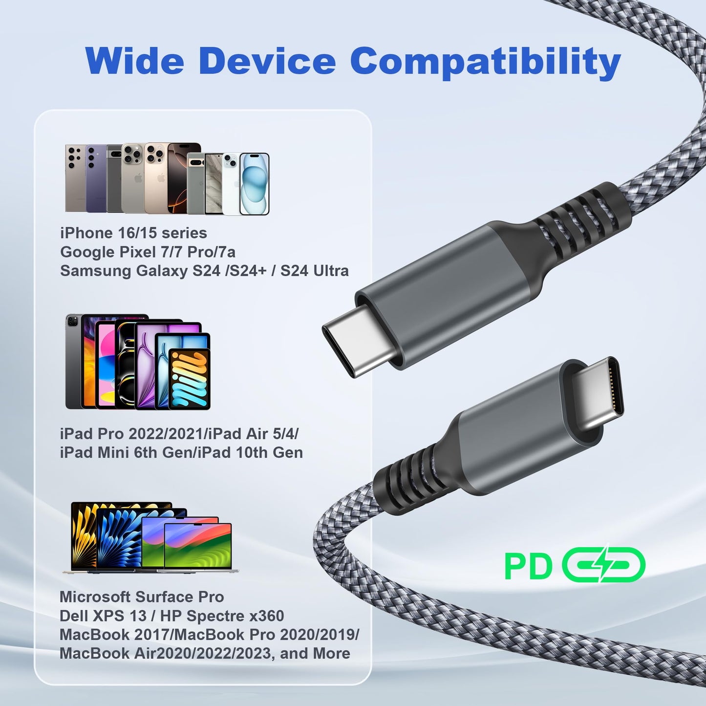 Basesailor Tipo C a C 100W Cable 1M con adaptador USB,Entrega de energía rápida carga de coche PD cable carga para iPhone 16 15 Plus Pro Max,iPad Pro Air 5 4 Mini 6,Samsung Galaxy S24 S23 S22 FE Ultra